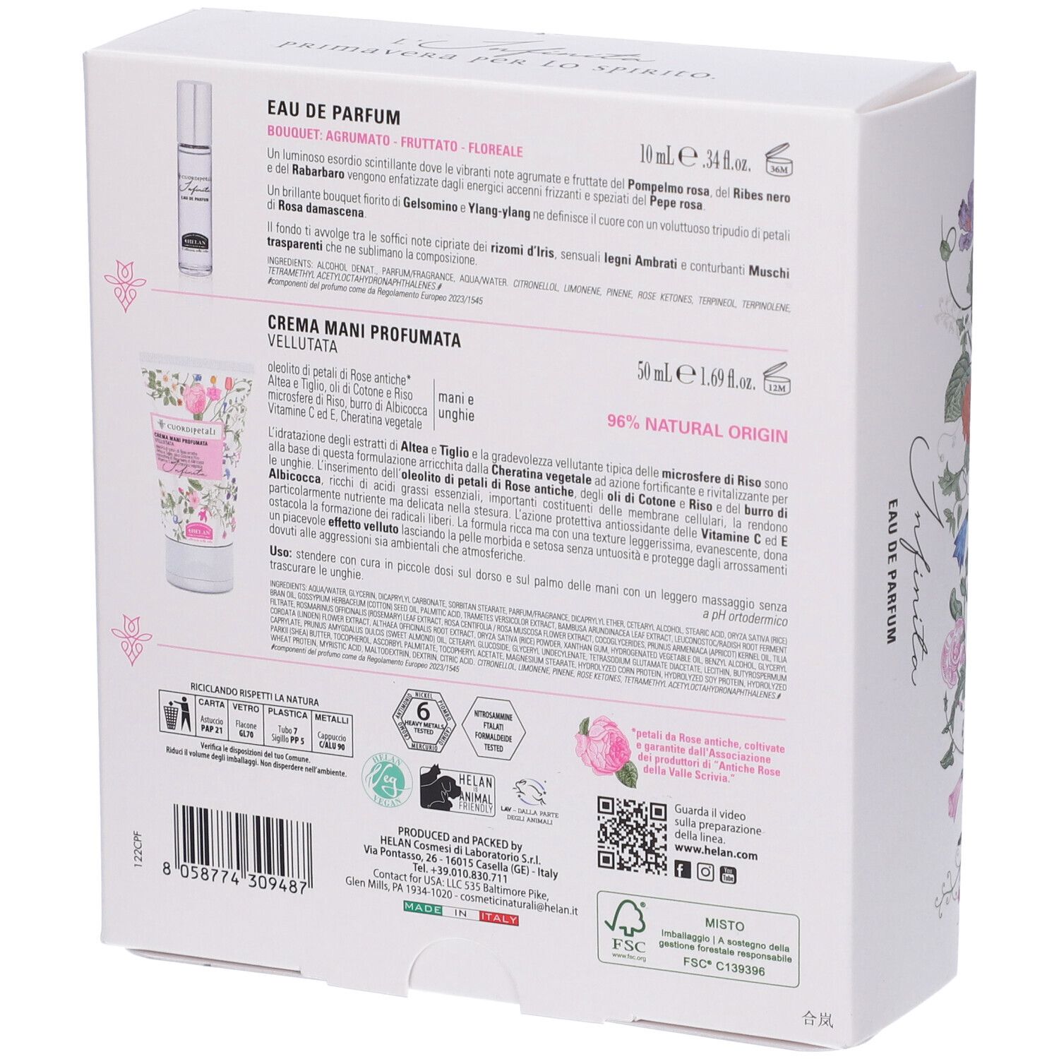 Retro della confezione. Contiene informazioni sugli ingredienti e le indicazioni. 96% ingredienti naturali.