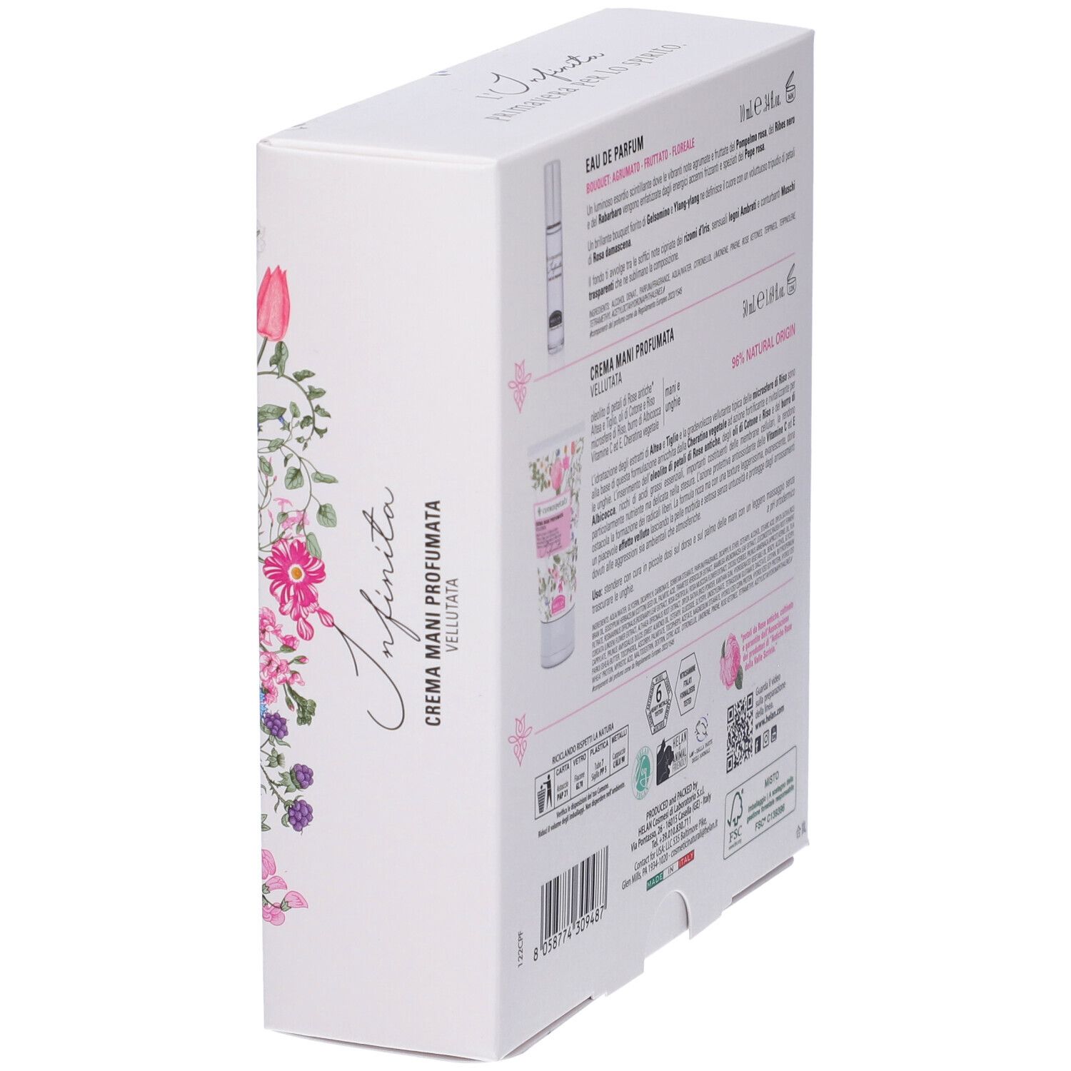 Scatola con design floreale. Scritta: Infinita, Crema Mani Profumata. Contiene informazioni sul prodotto.