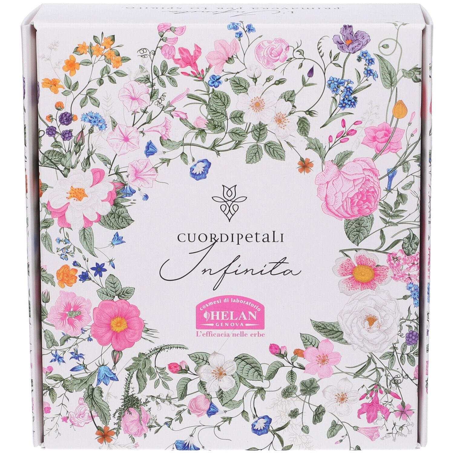 Scatola bianca con design floreale. Scritta: Cuor di Petali Infinita, Helan. Logo rosa.