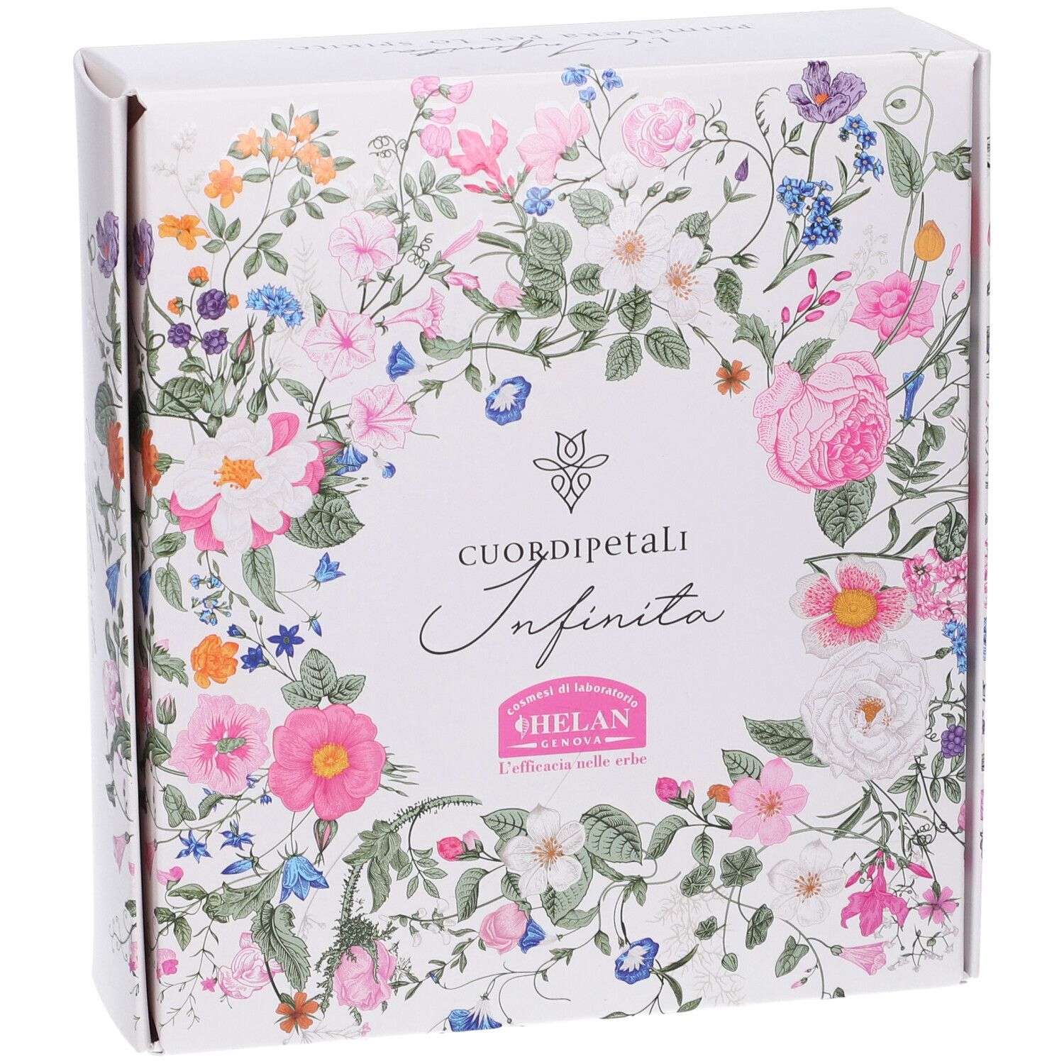 Scatola bianca con design floreale. Scritta: Cuor di Petali Infinita, Helan. Logo rosa.
