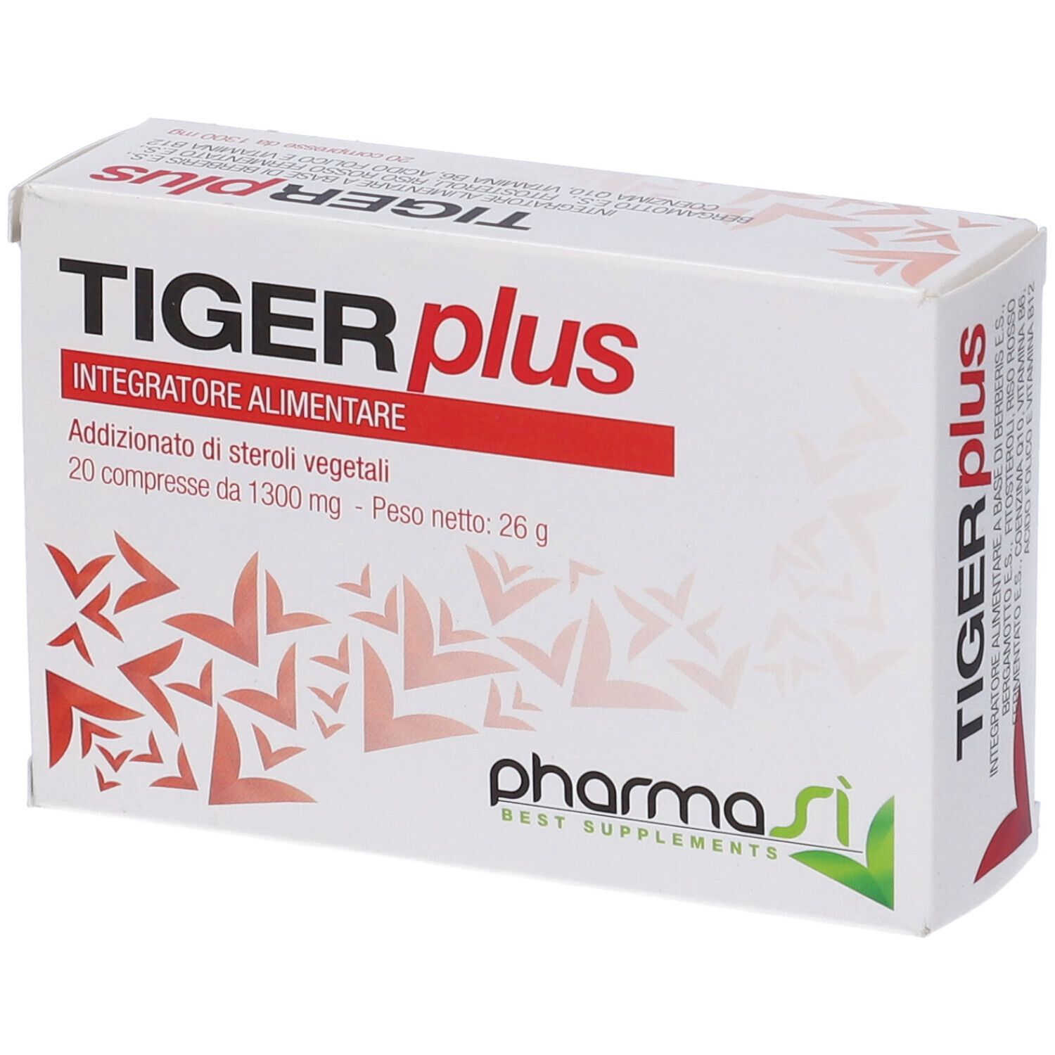 Scatola con scritta rossa TIGER plus. Contiene 20 compresse. Marchio: Pharma Si.