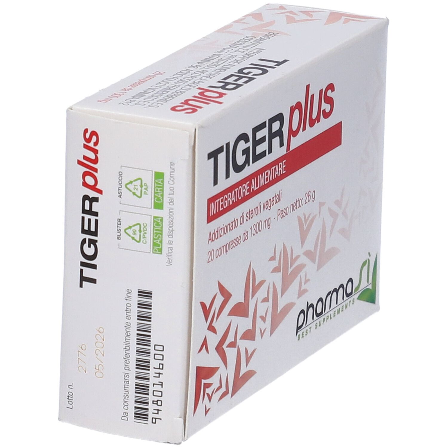 Scatola con scritta rossa TIGER plus. Contiene 20 compresse. Marchio: Pharma Si.