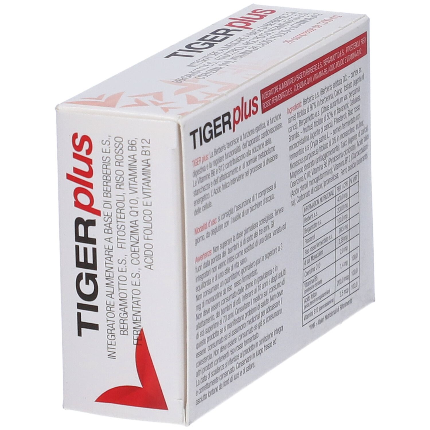 Scatola con scritta rossa TIGER plus. Retro con informazioni e tabella nutrizionale.