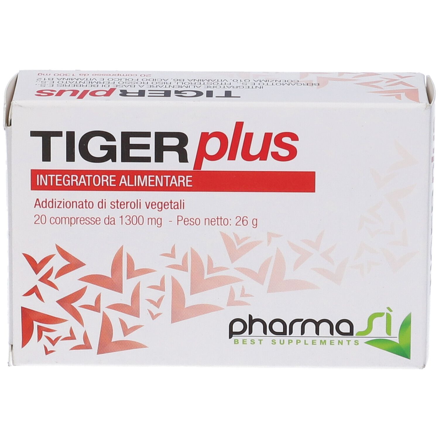 Scatola bianca con scritta rossa TIGER plus. Contiene 20 compresse. Marchio: Pharma Si.