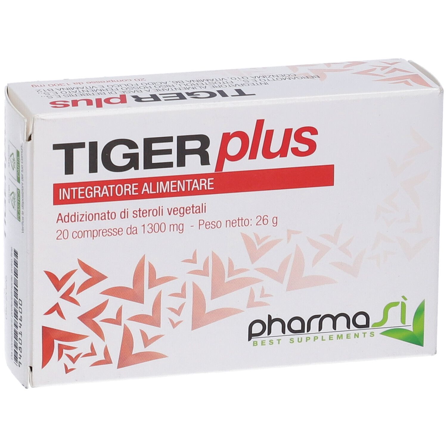Scatola bianca con scritta rossa TIGER plus. Contiene 20 compresse. Marchio: Pharma Si.