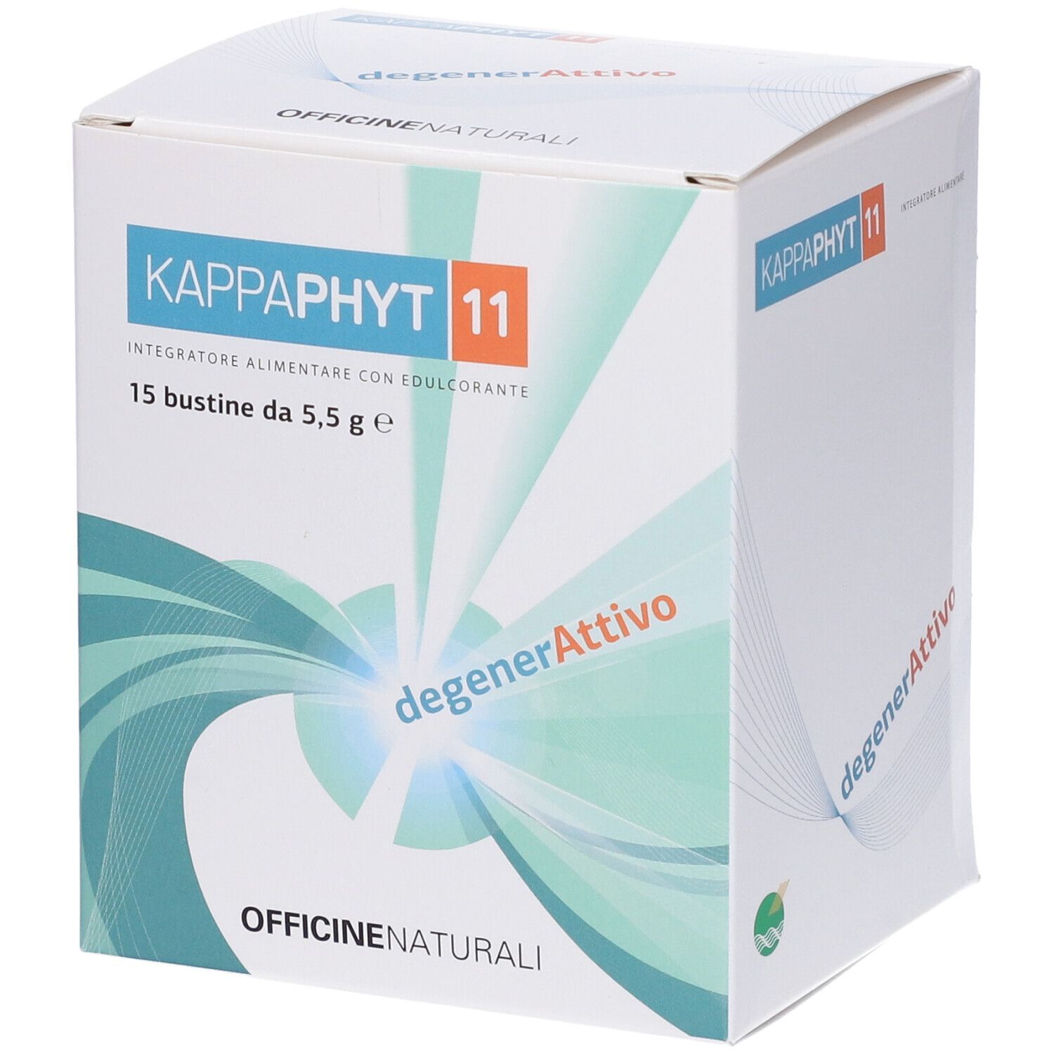 Scatola con nome e logo del prodotto. Contiene 15 bustine. Testo: degenerAttivo, OFFICINE NATURALI.