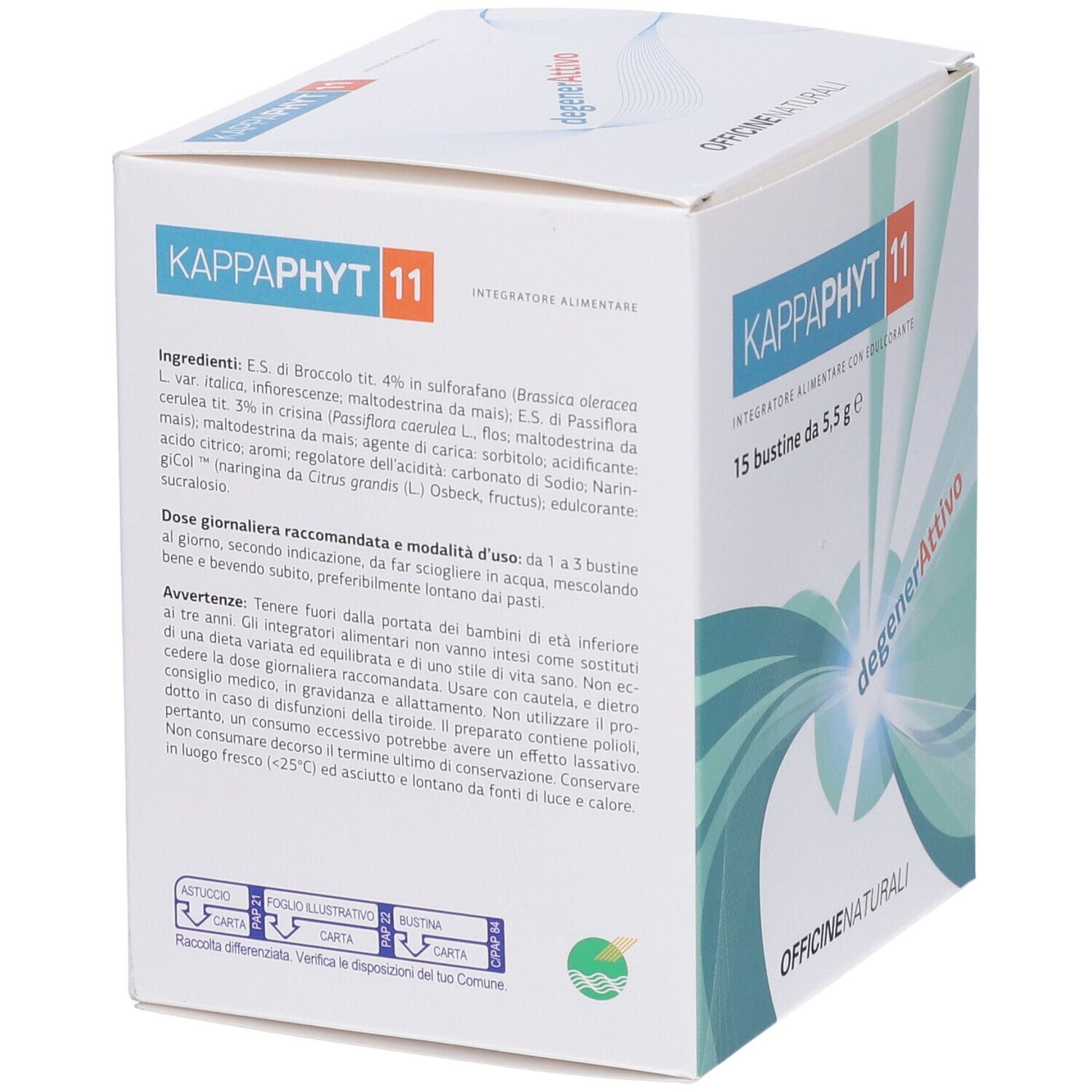 Confezione del prodotto con ingredienti e dosaggio. Testo: KAPPAPHIT 11, 15 bustine da 5,5 g e.