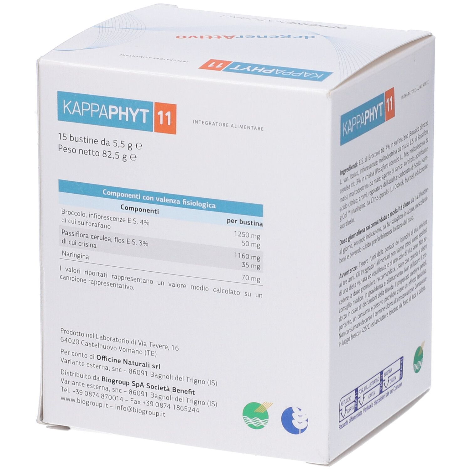 Confezione del prodotto con ingredienti e informazioni nutrizionali. Testo: KAPPAPHIT 11, 15 bustine da 5,5 g e.