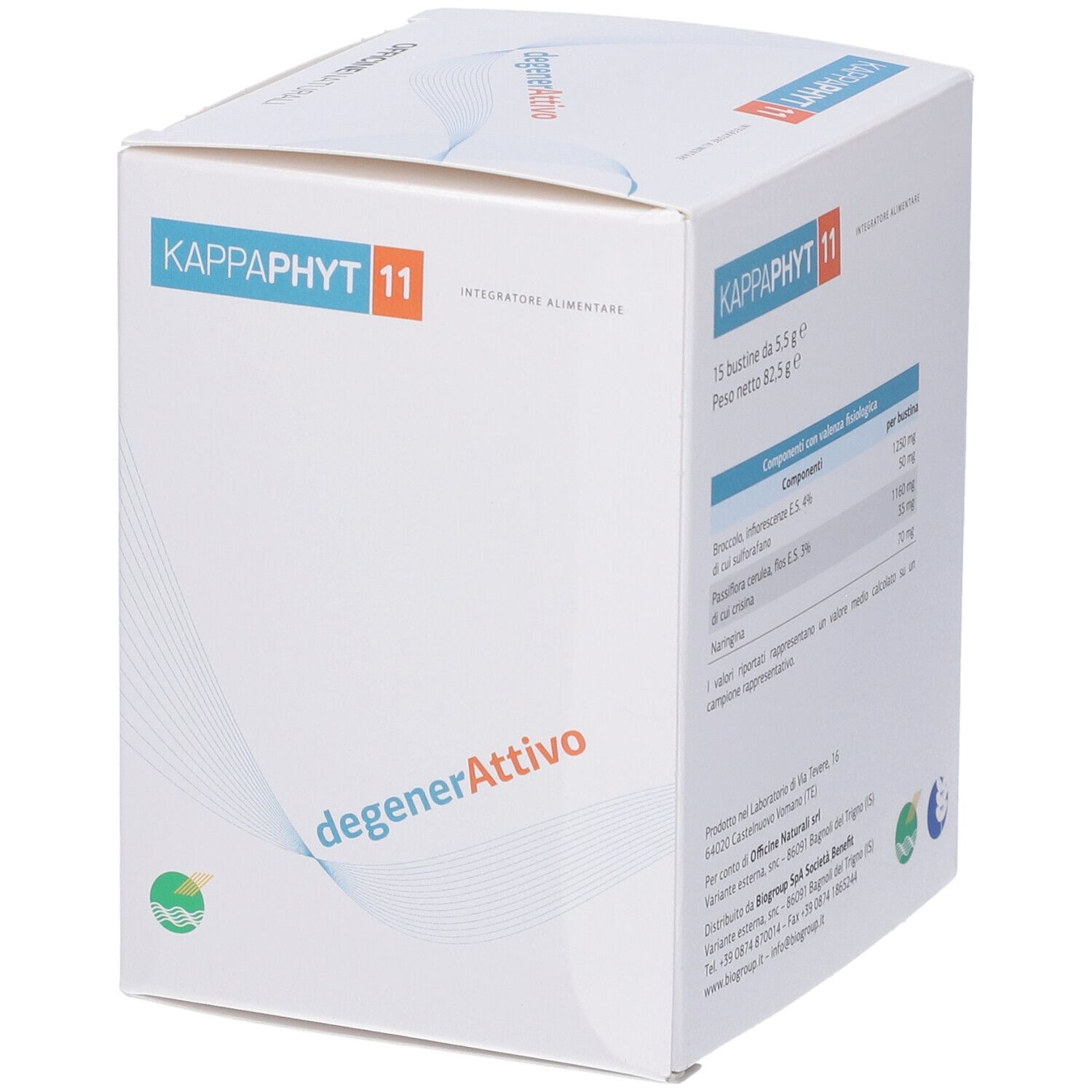 Confezione del prodotto con ingredienti e informazioni nutrizionali. Testo: KAPPAPHIT 11, 15 bustine da 5,5 g e.
