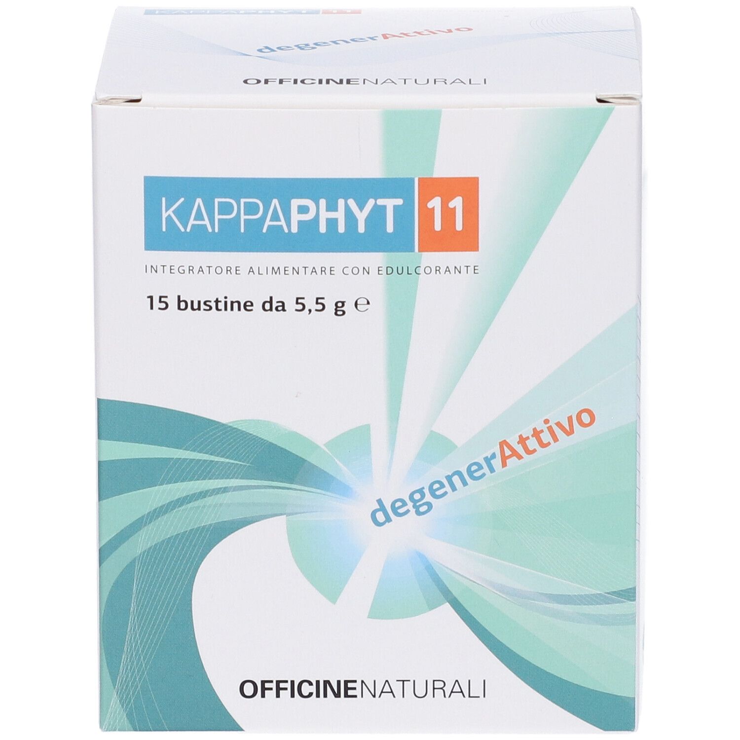 Confezione del prodotto con nome e logo. Testo: KAPPAPHIT 11, 15 bustine da 5,5 g e, degenerAttivo.