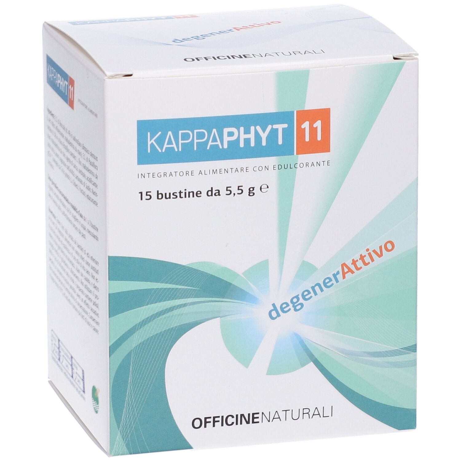 Confezione del prodotto con nome e logo. Testo: KAPPAPHIT 11, 15 bustine da 5,5 g e, degenerAttivo.