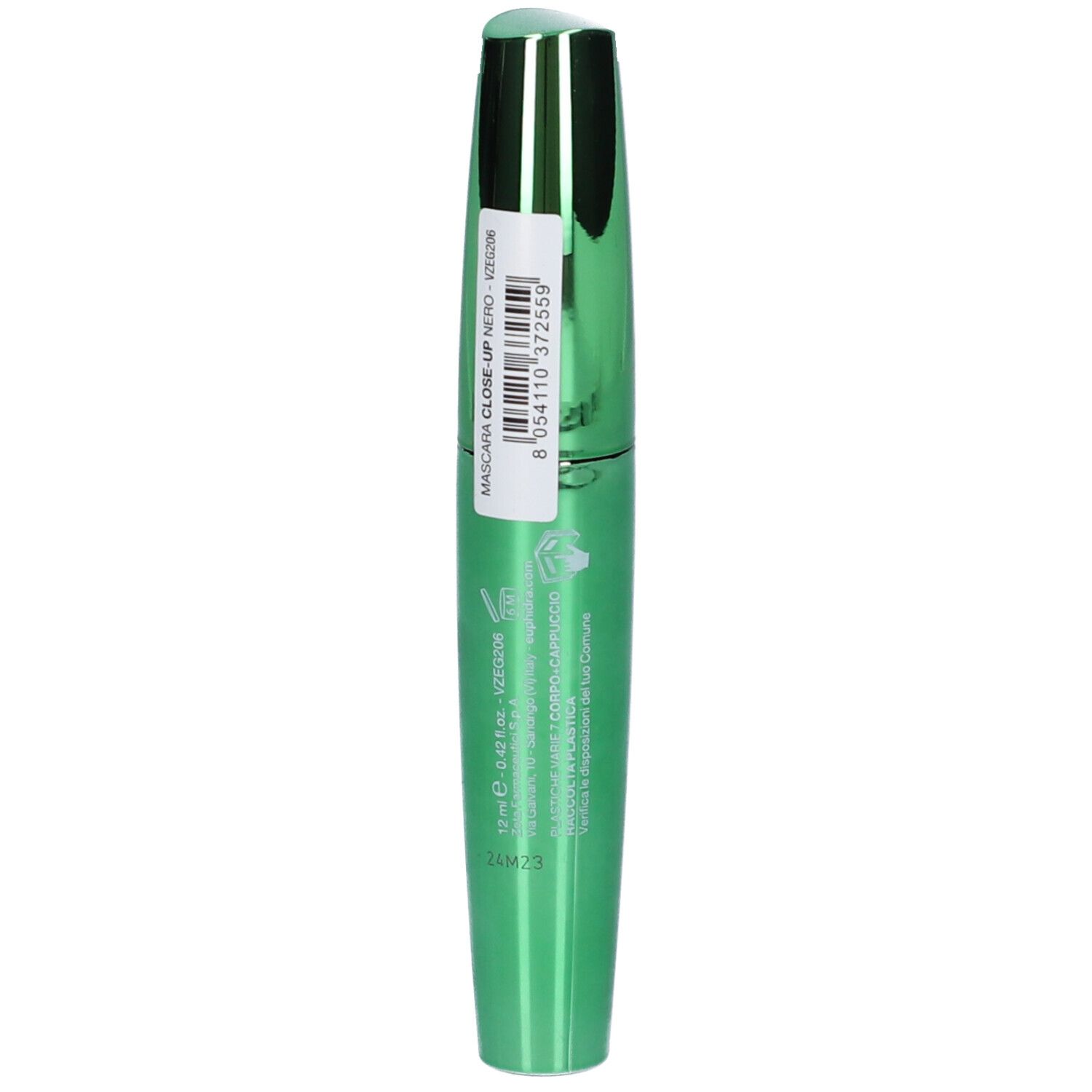 Tubo di mascara verde con tappo argentato ed etichetta. Scritta: Euphidra CLOSE UP, Mascara Waterproof Nero.