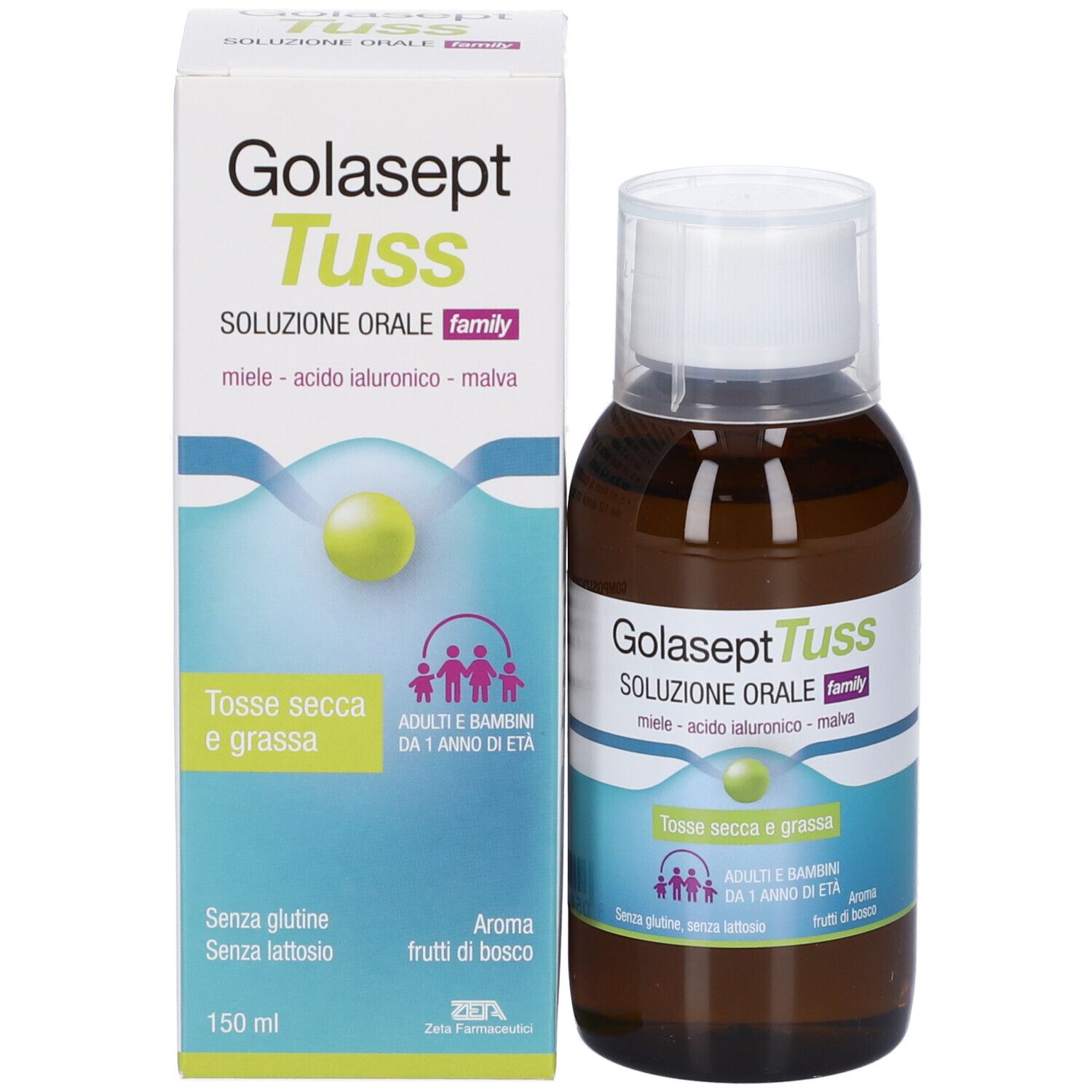 Confezione e flacone del prodotto Golasept Tuss Soluzione Orale, entrambi con etichette.