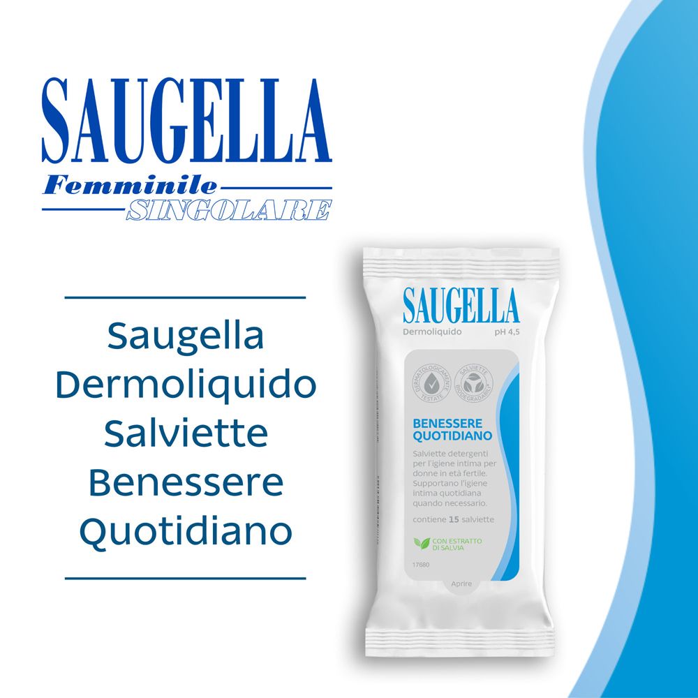 Pubblicità del marchio e del prodotto. Logo Saugella. Testo: Saugella Dermoliquido Salviette. Benessere Quotidiano. Confezione salviette.