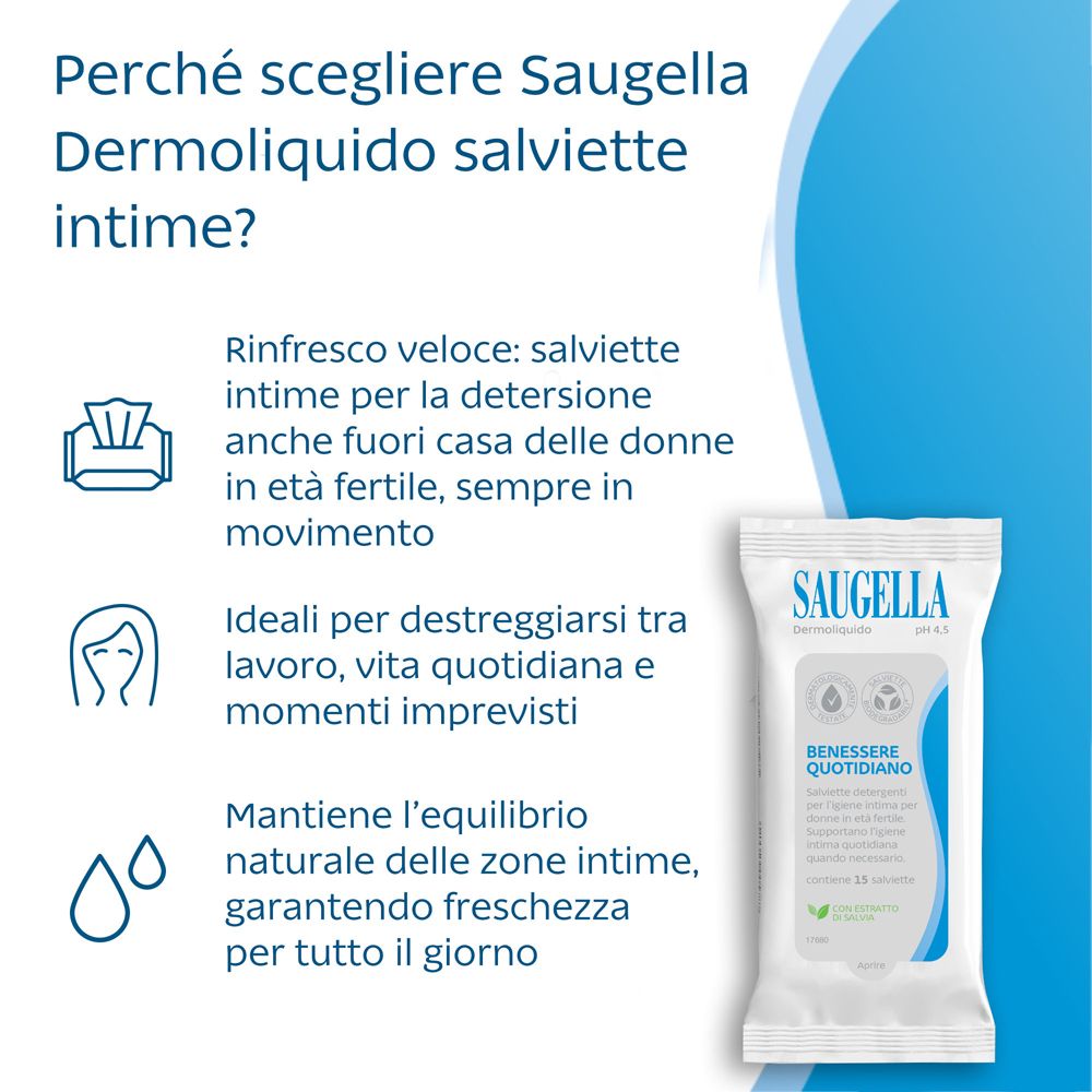 Testo con domande e risposte. Salviette Saugella Dermoliquido. Vantaggi: rinfresco, fuori casa, quotidiano, equilibrio.