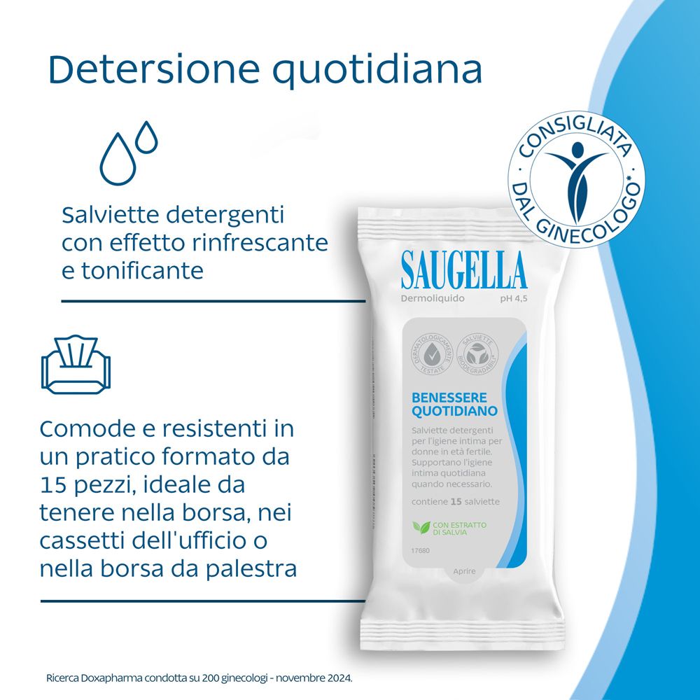 Confezione del prodotto con testo: Detersione quotidiana. Consigliato dal ginecologo. Contiene 15 salviette.