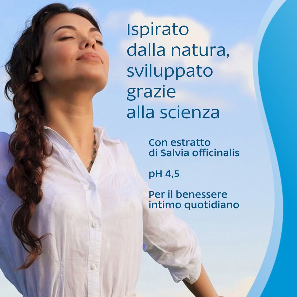 Donna che respira. Testo: Ispirato dalla natura, sviluppato grazie alla scienza. Con estratto di Salvia officinalis. pH 4,5. Benessere intimo.