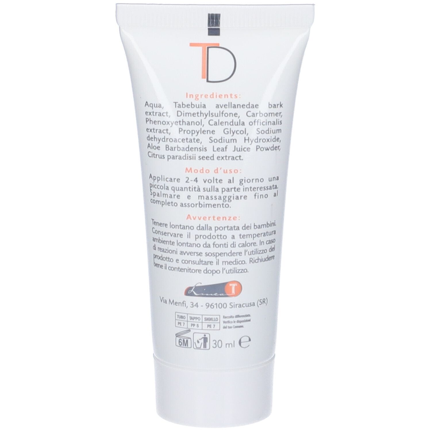 Retro del tubo. Ingredienti e istruzioni in italiano. 30 ml.