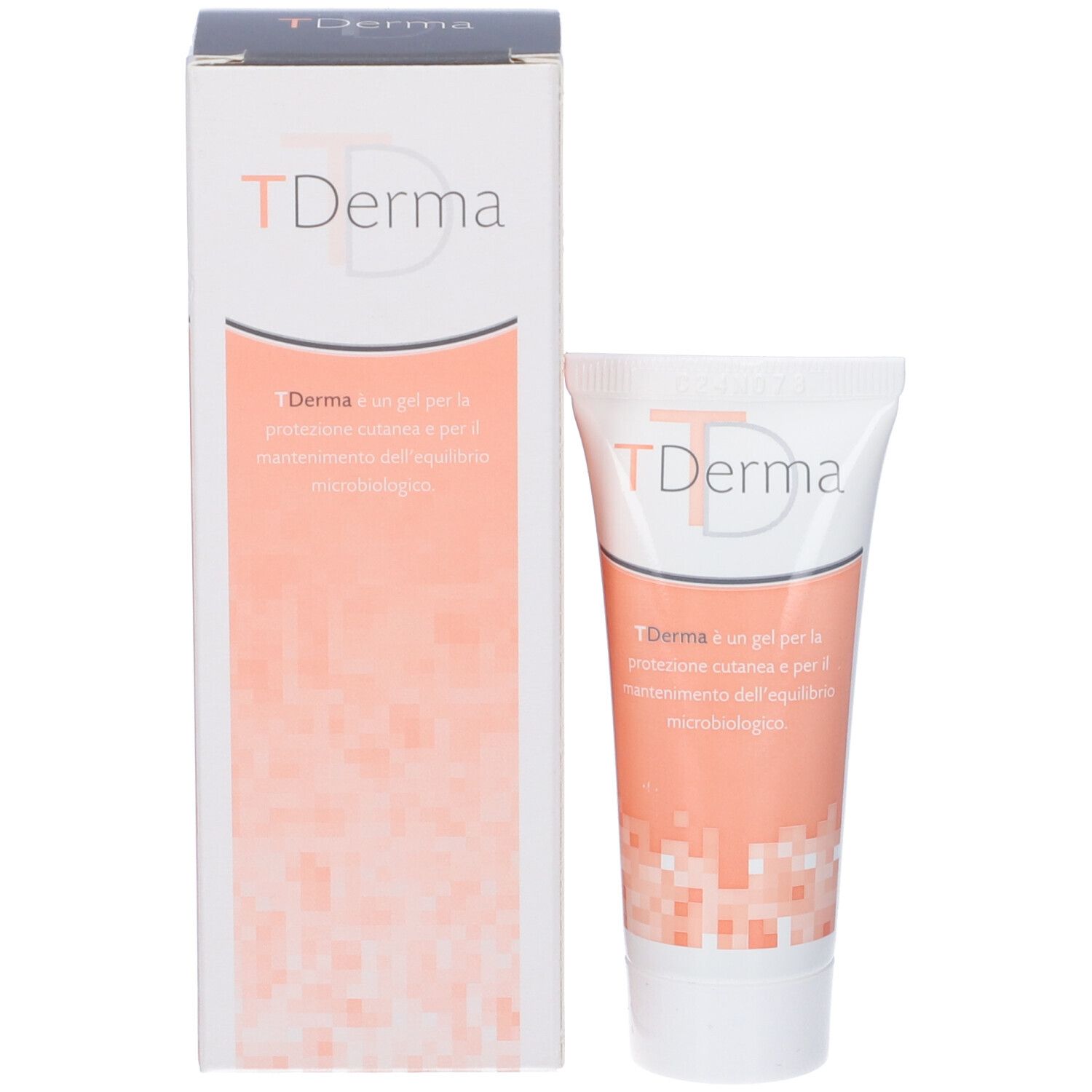 Tubo e scatola di gel Tderma. Testo in italiano. Motivo a pixel rosa e bianco.