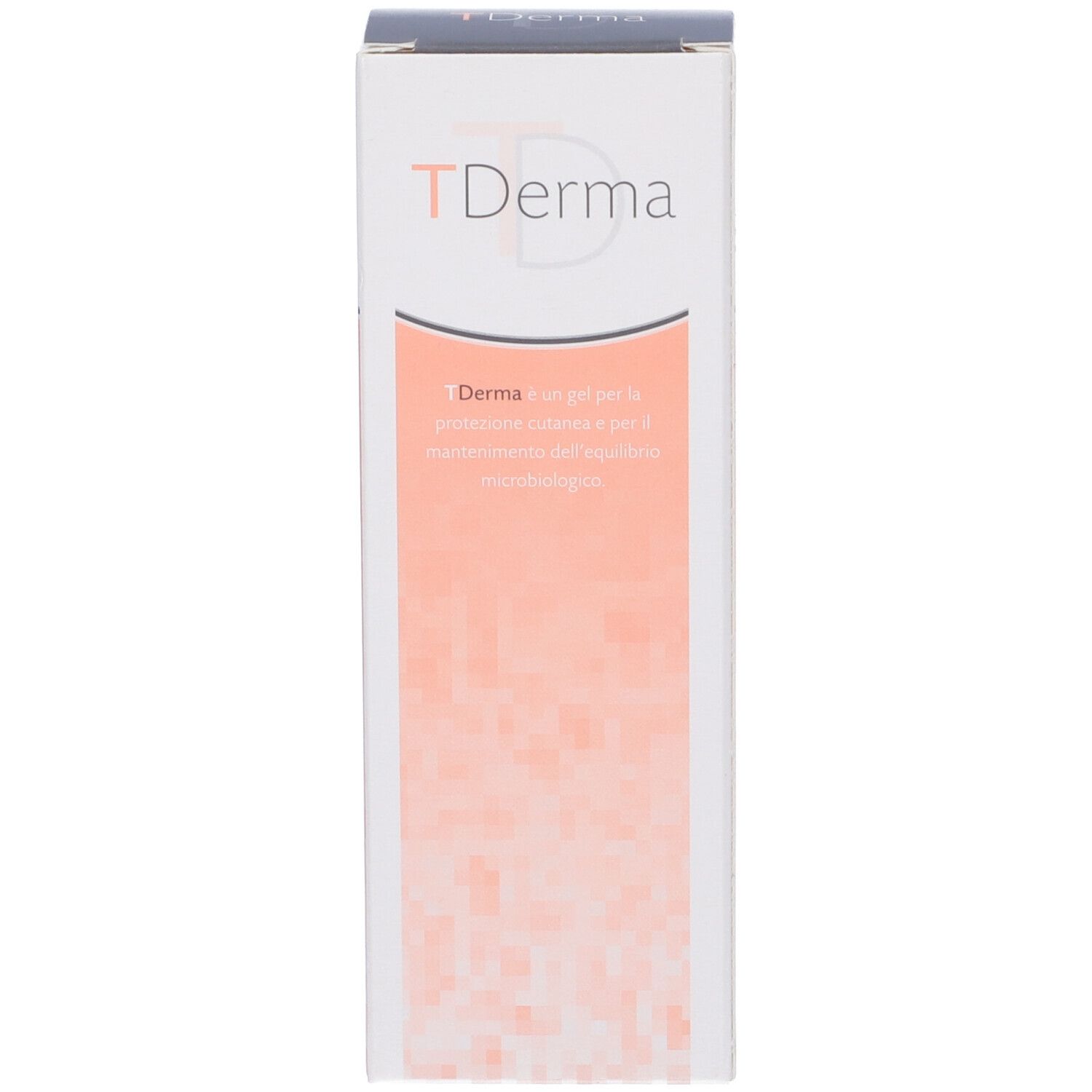 Scatola con logo Tderma. Testo in italiano. Motivo a pixel rosa e bianco.