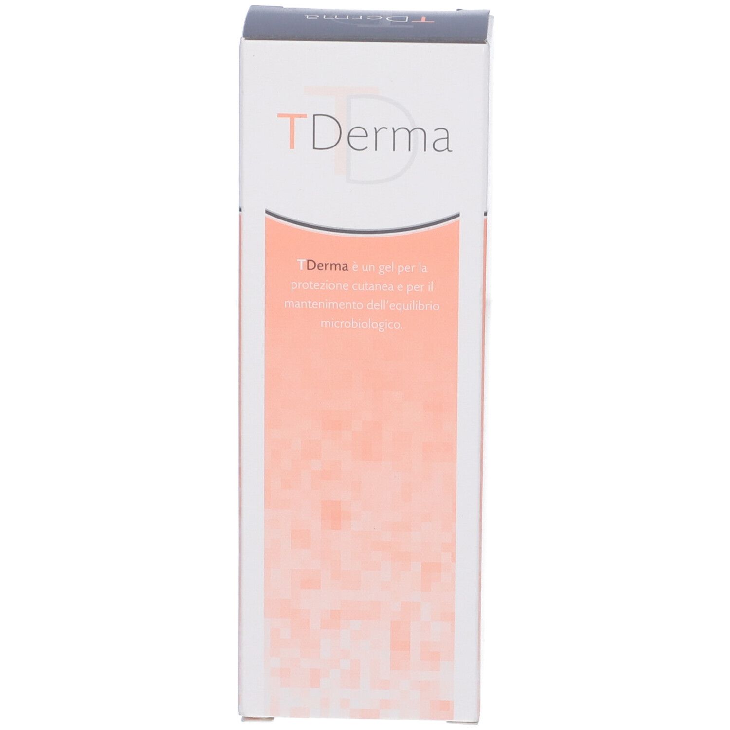 Scatola, vista laterale. Testo in italiano. Motivo a pixel rosa e bianco.