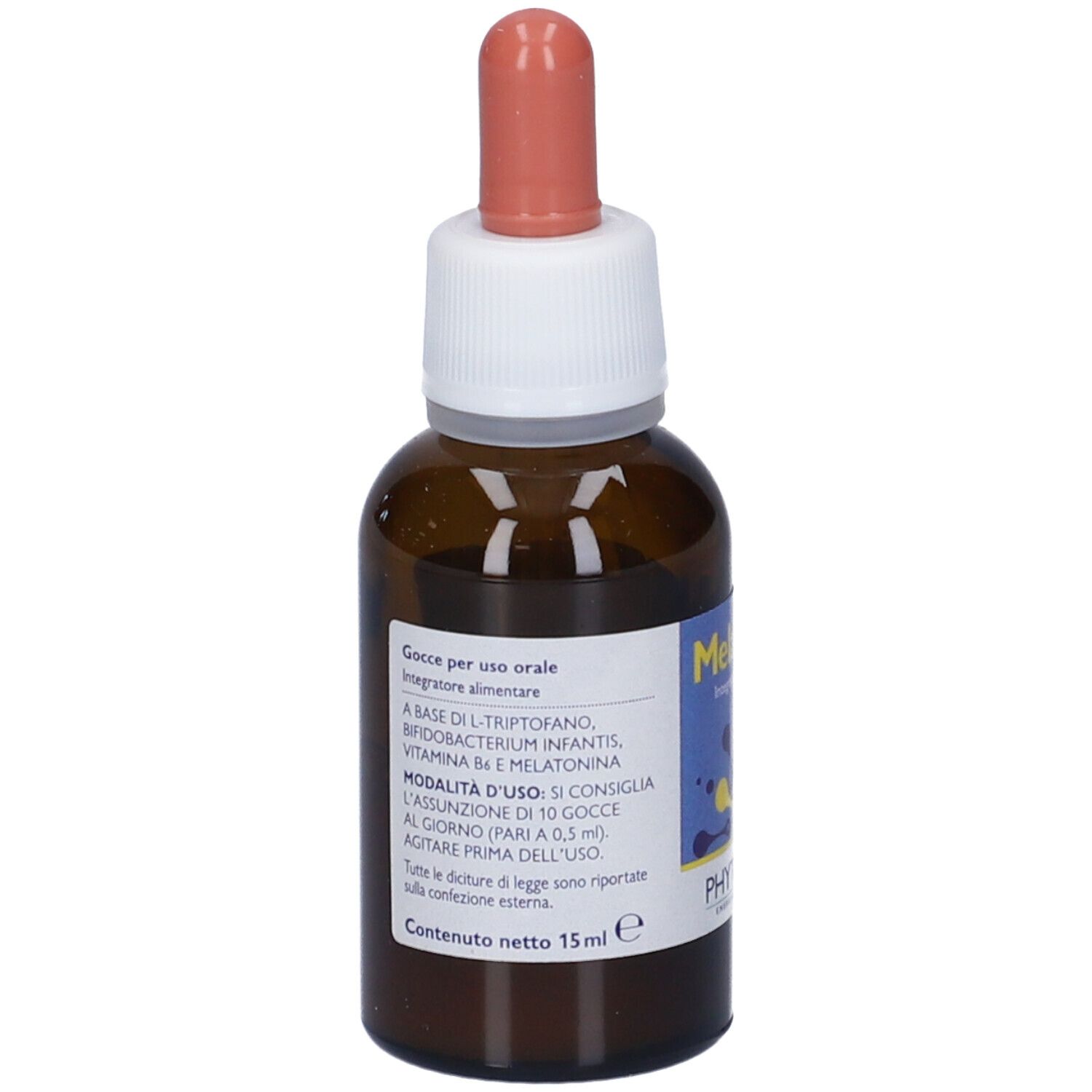 Flacone di vetro marrone con tappo bianco e contagocce rosa. Testo sul retro. Integratore alimentare.