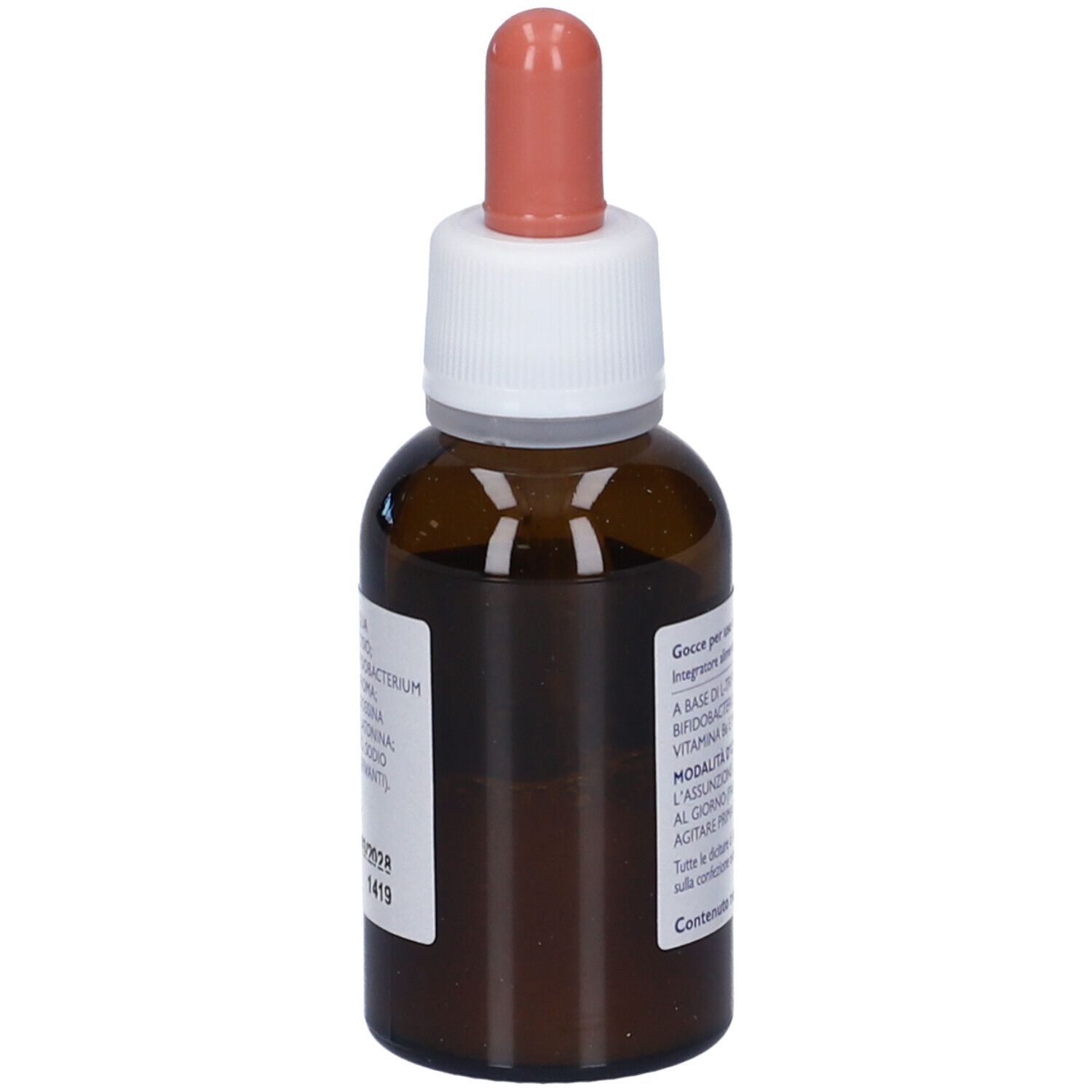 Flacone di vetro marrone con tappo bianco e contagocce rosa. Vista posteriore. Integratore alimentare.