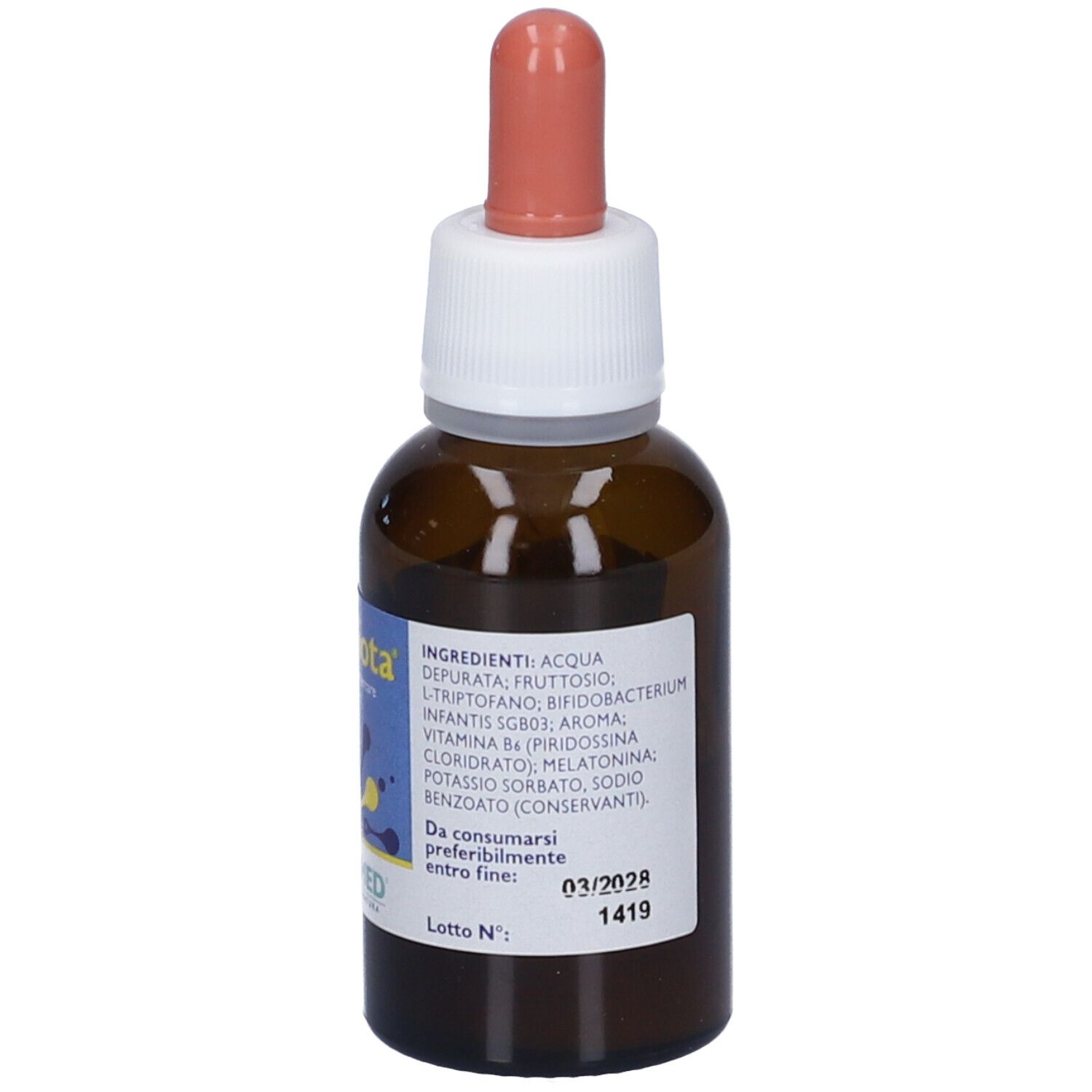 Flacone di vetro marrone con tappo bianco e contagocce rosa. Etichetta con ingredienti e data di scadenza. Integratore alimentare.