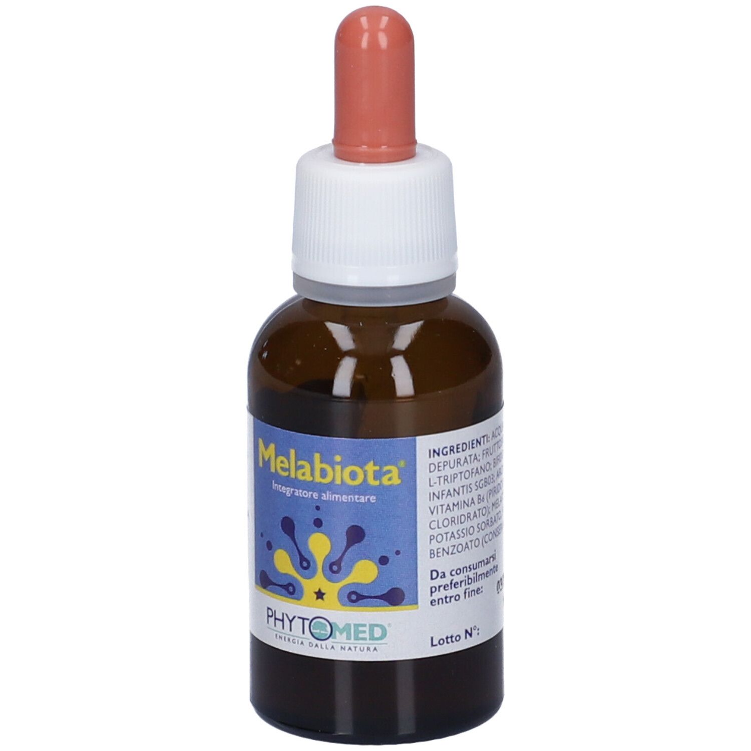 Flacone di vetro marrone con tappo bianco e contagocce rosa. Etichetta con nome del prodotto e logo. Integratore alimentare.