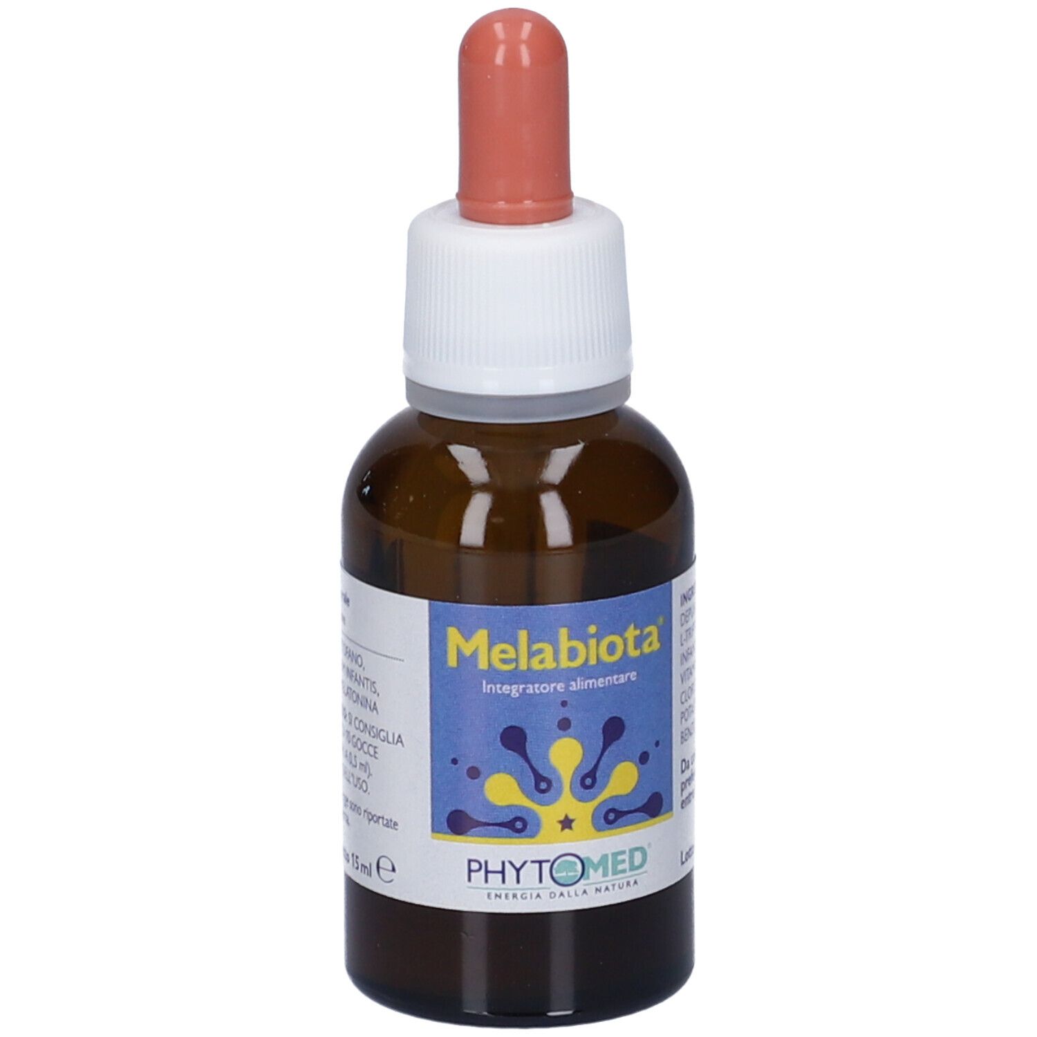 Flacone di vetro marrone con tappo bianco e contagocce rosa. Etichetta con nome del prodotto e logo. Integratore alimentare.