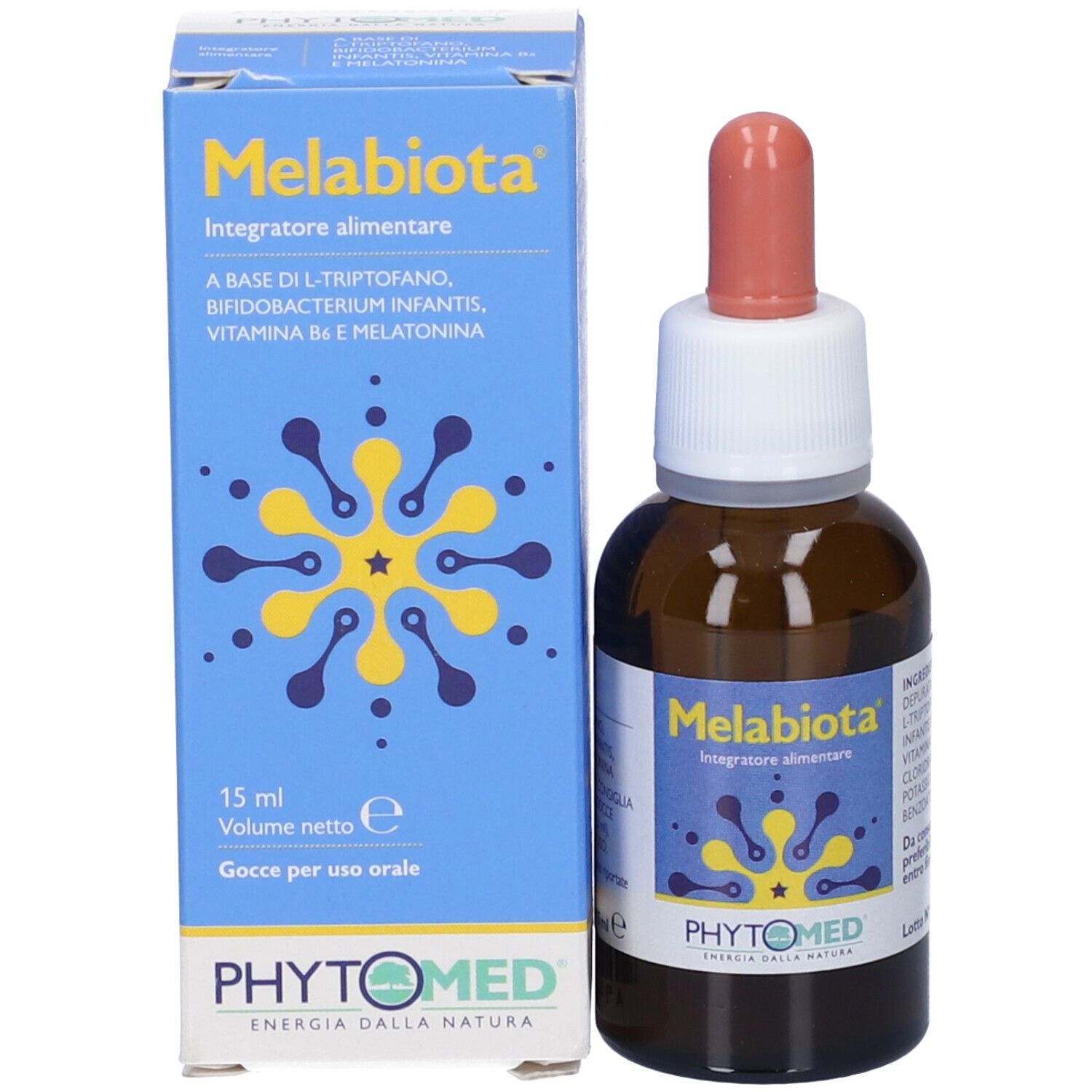 Flacone e scatola del prodotto. Flacone con contagocce. Scatola con nome del prodotto e logo. Integratore alimentare.