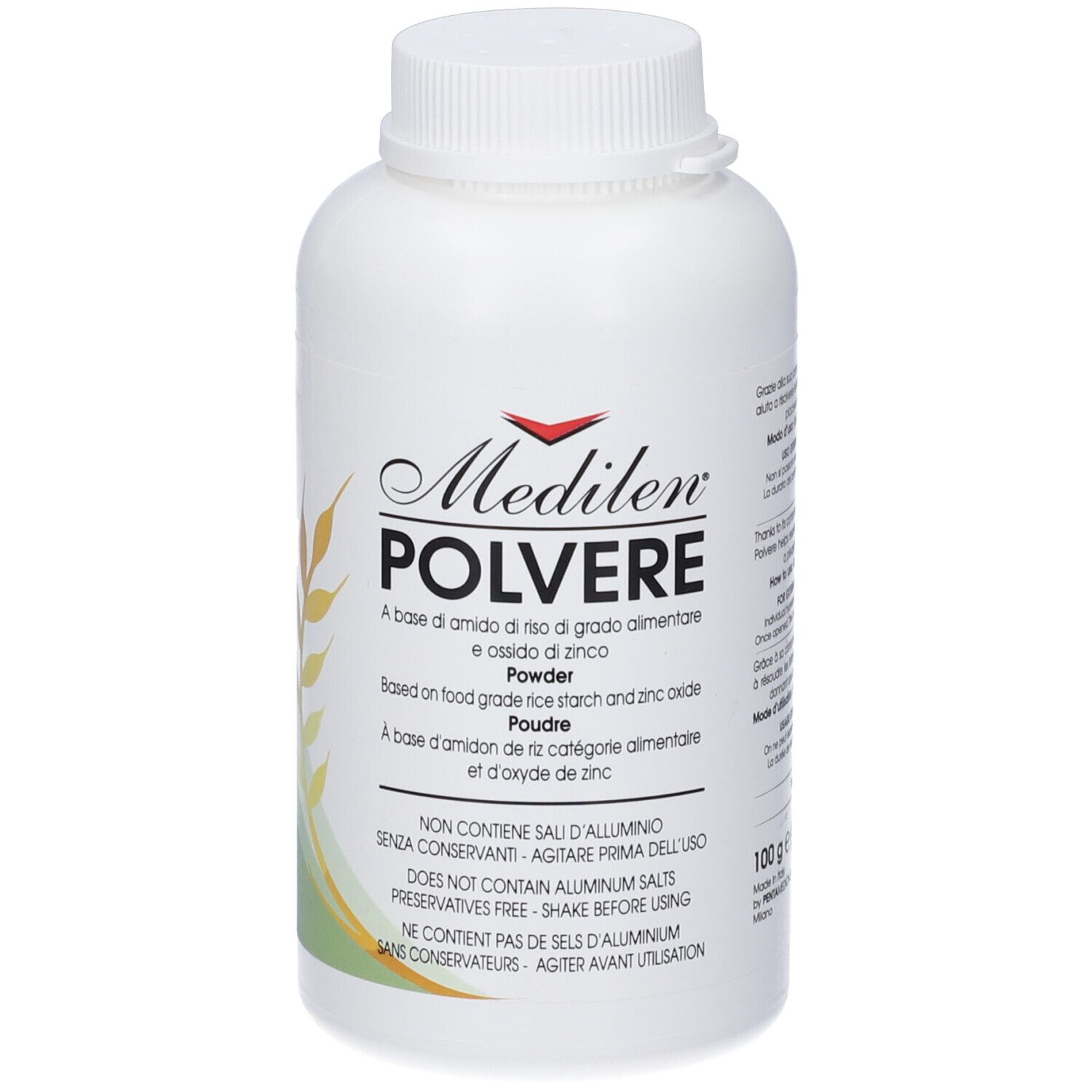 Flacone bianco con scritta 'Medilen Polvere'. Contiene polvere. Testo multilingue. 100g.