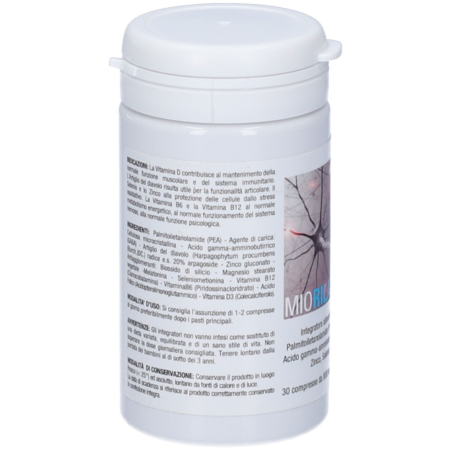 Retro del flacone bianco di compresse con testo. Contiene ingredienti e istruzioni per l'uso.