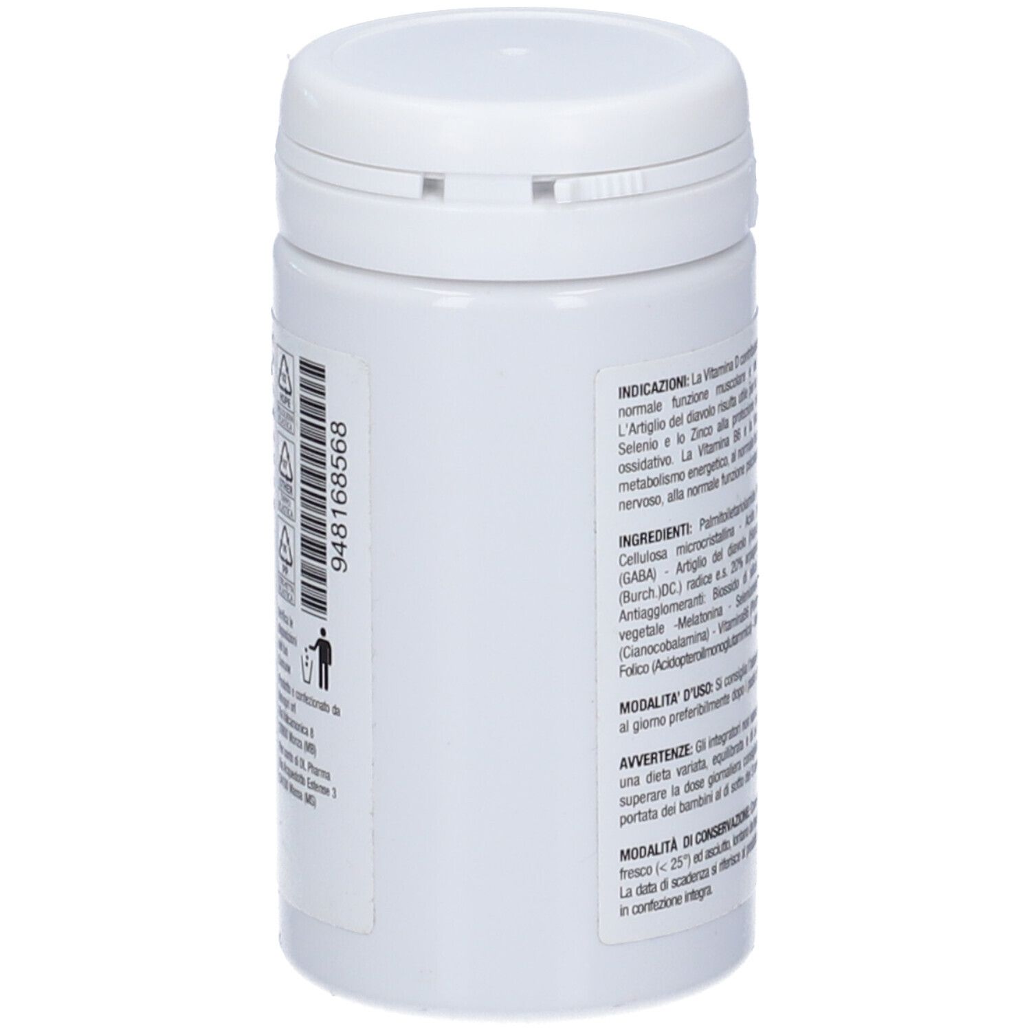 Flacone bianco di compresse, retro con testo e simboli di riciclaggio. Contiene numero di lotto.