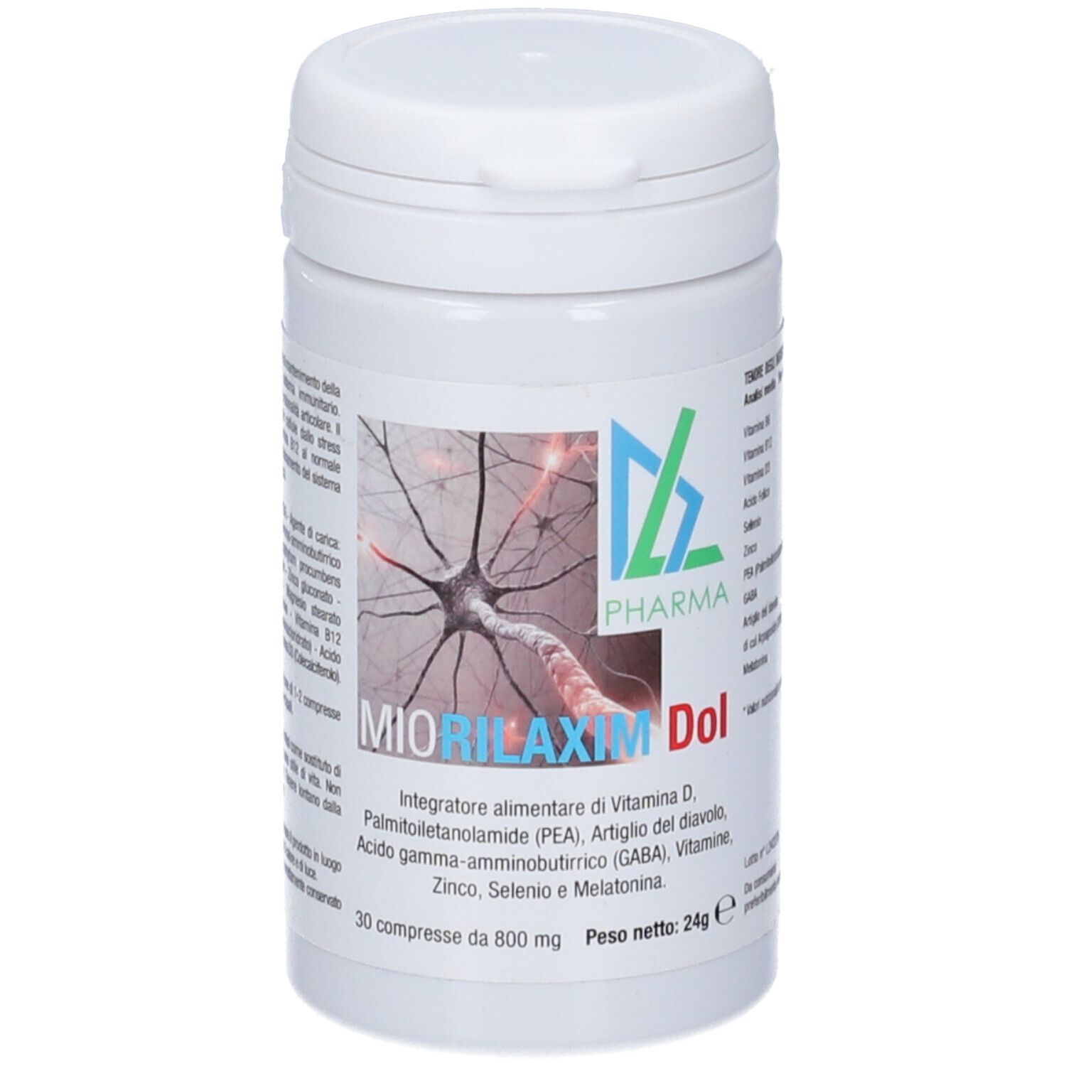 Flacone bianco di compresse con scritta Miorilaxim Dol e logo. Contiene 30 compresse.