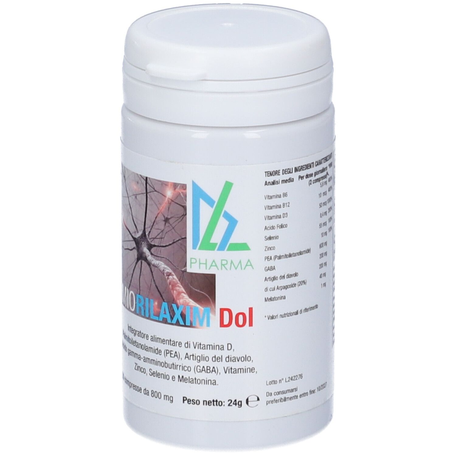 Flacone bianco di compresse con scritta Miorilaxim Dol e logo. Contiene ingredienti.