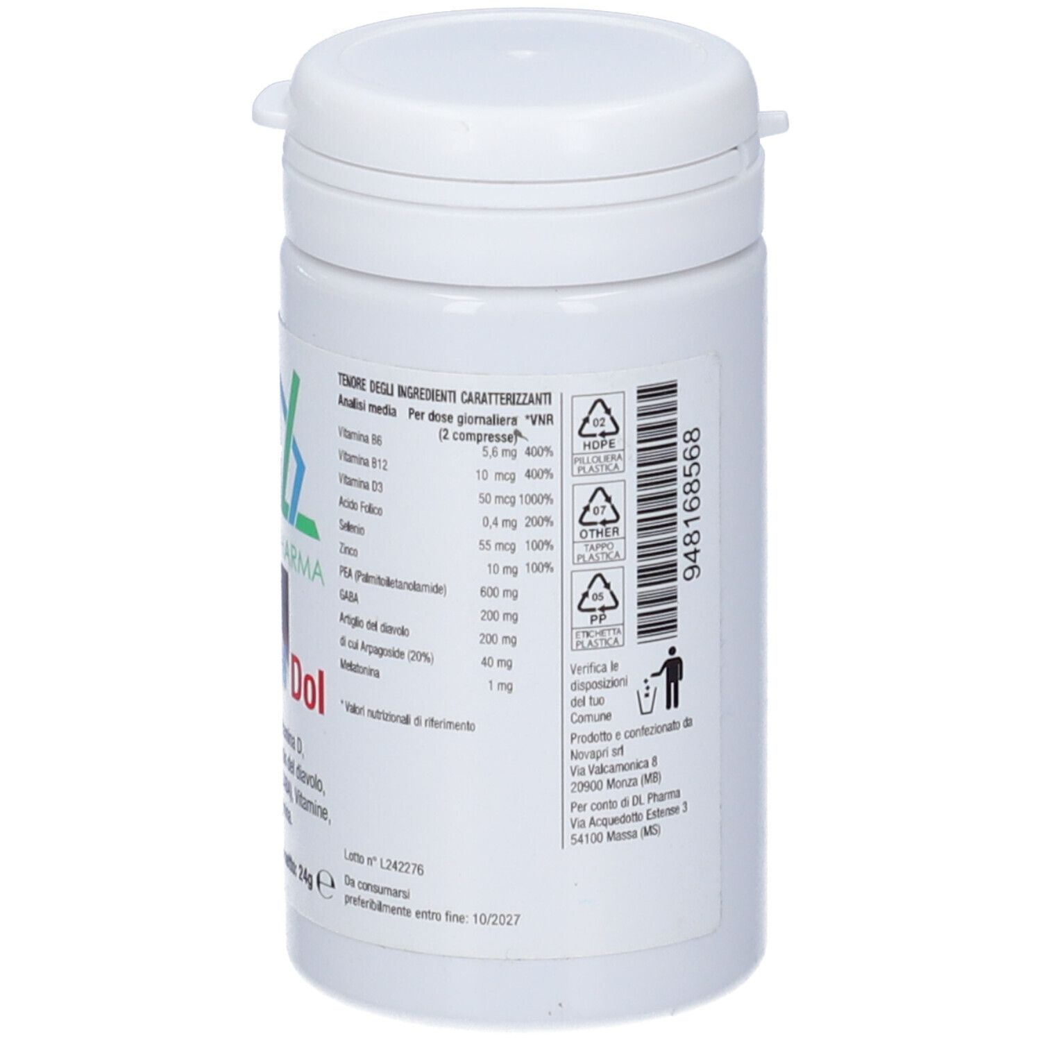 Retro del flacone bianco di compresse con testo. Contiene ingredienti e informazioni nutrizionali.