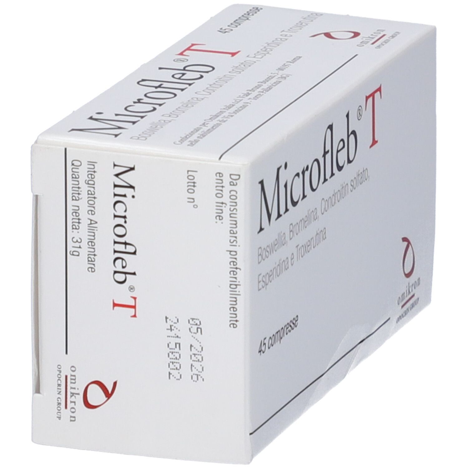 Scatola "Microfleb T". Contiene 45 compresse. Indicazioni: Integratore Alimentare, 31g, 05/2026.