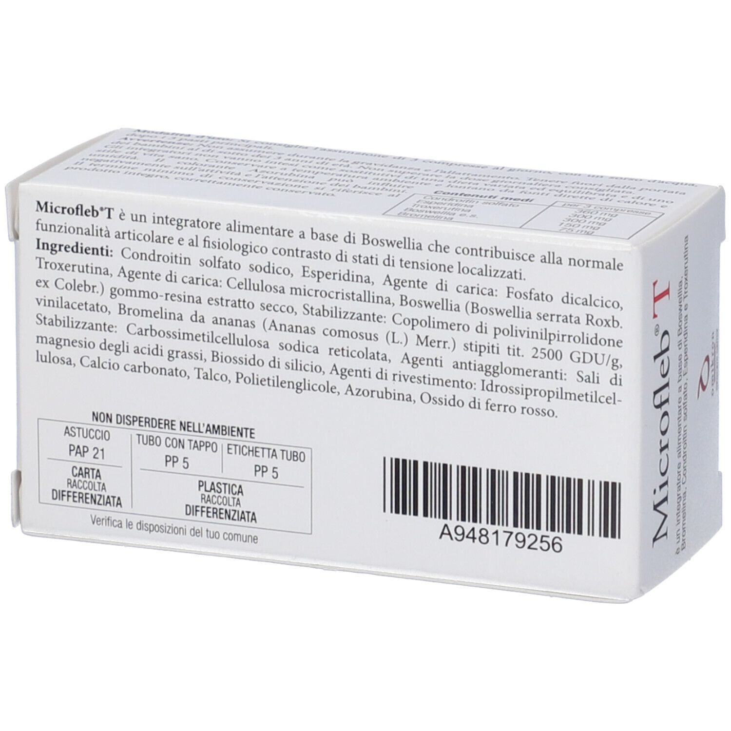 Retro scatola "Microfleb T". Testo: ingredienti, istruzioni, informazioni produttore.