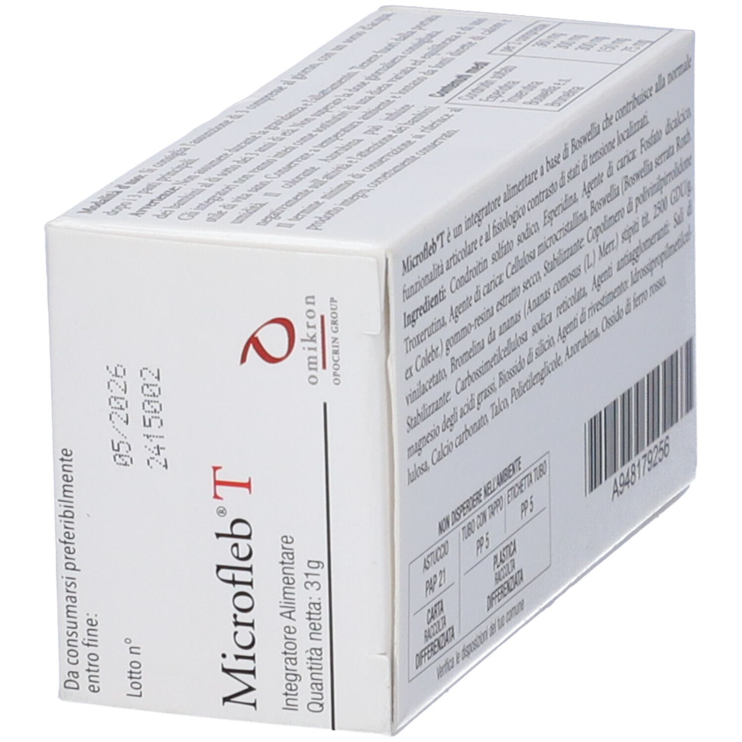 Scatola "Microfleb T". Contiene 45 compresse. Indicazioni: Integratore Alimentare, 31g, 05/2026.