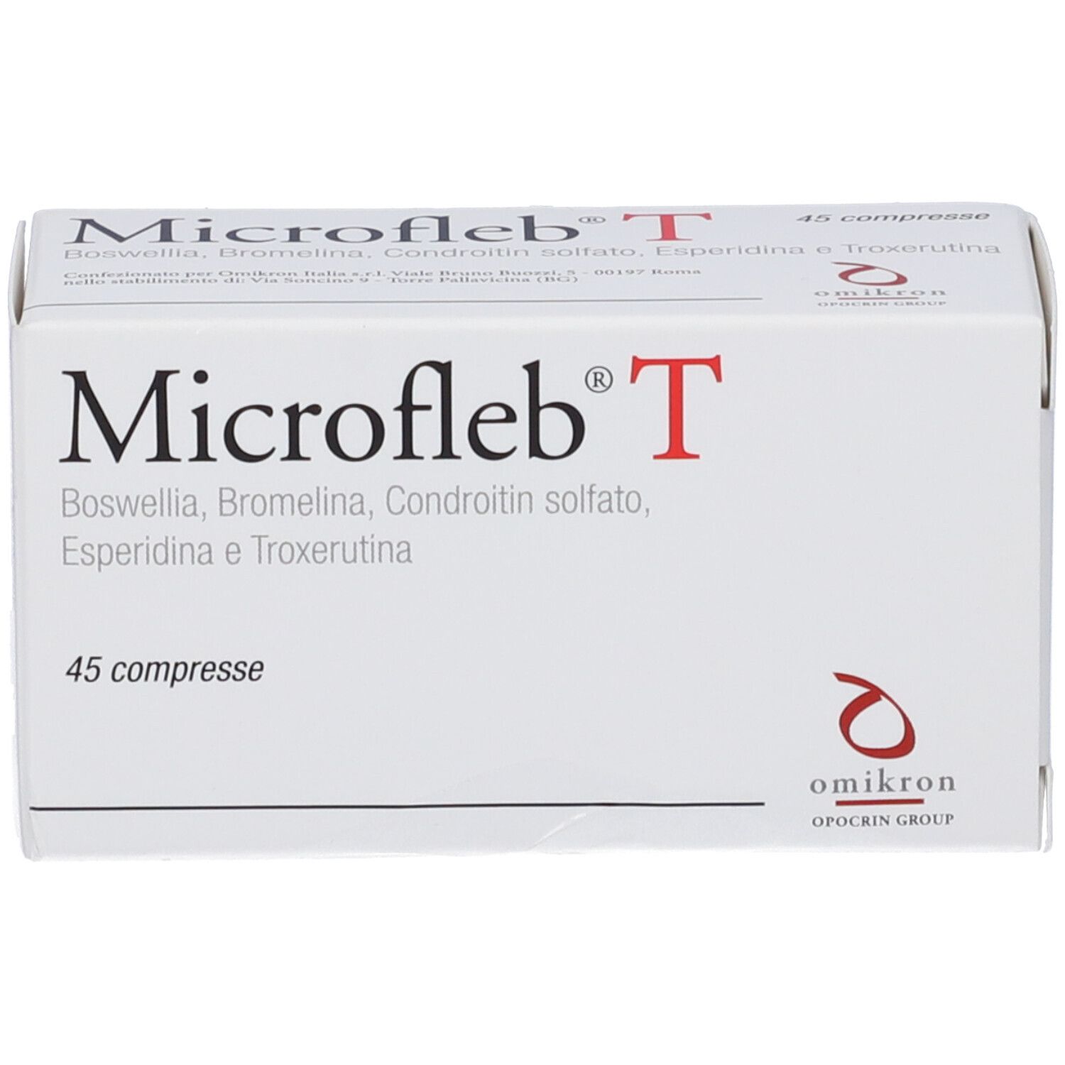 Scatola "Microfleb T" con 45 compresse. Contiene: Boswellia, Bromelina, Condroitin sulfato, Esperidina e Troxerutina.