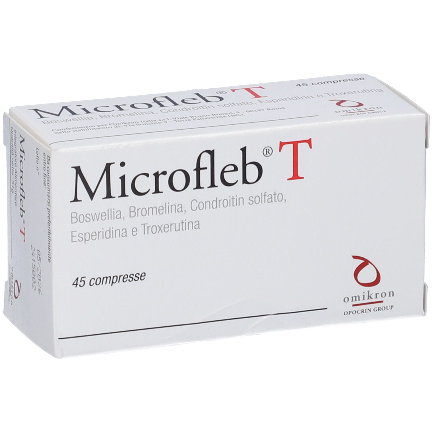 Scatola "Microfleb T" con 45 compresse. Contiene: Boswellia, Bromelina, Condroitin sulfato, Esperidina e Troxerutina.