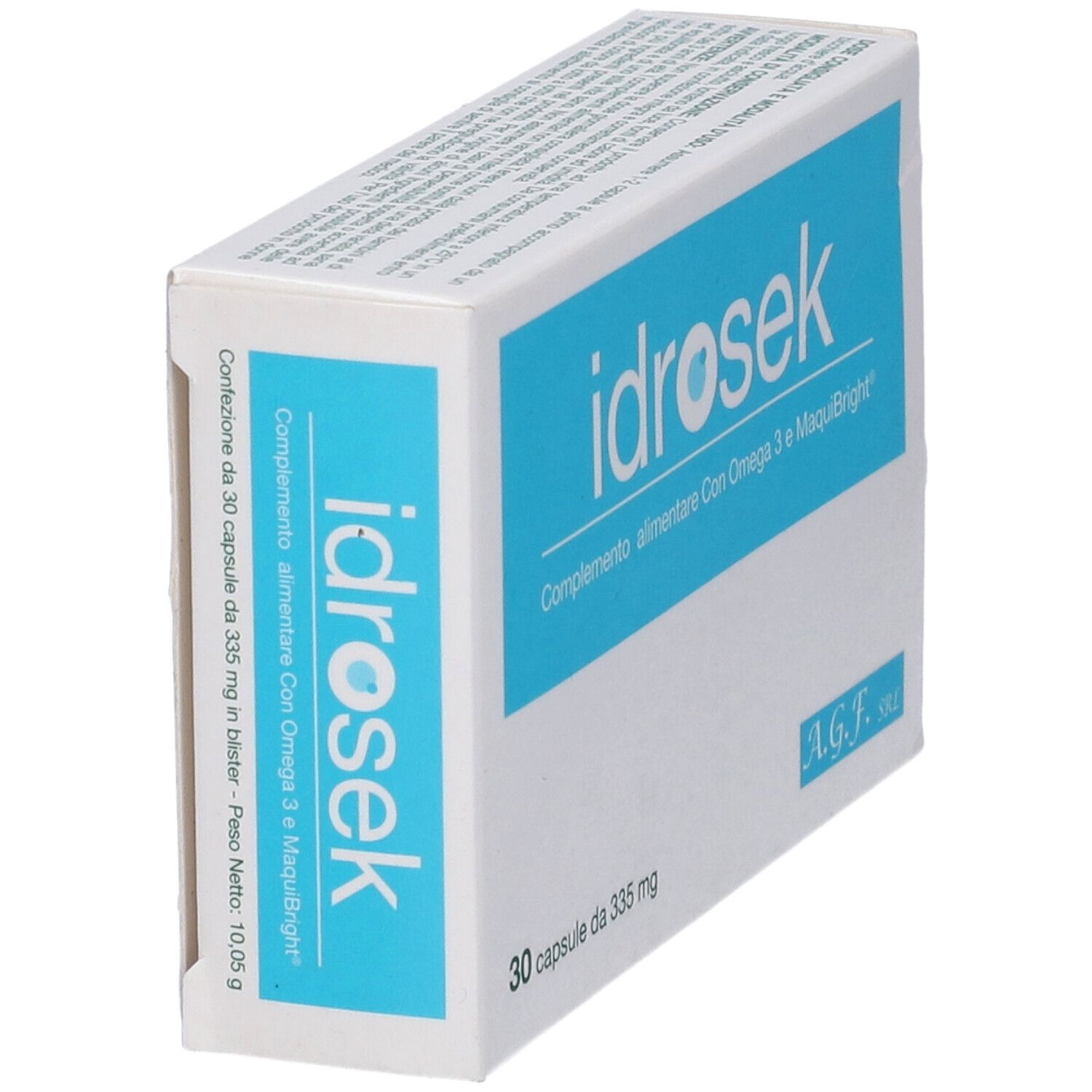 Scatola "idrosek" in prospettiva. Area blu con testo. Contiene 30 capsule. Logo A.G.F. SRL.
