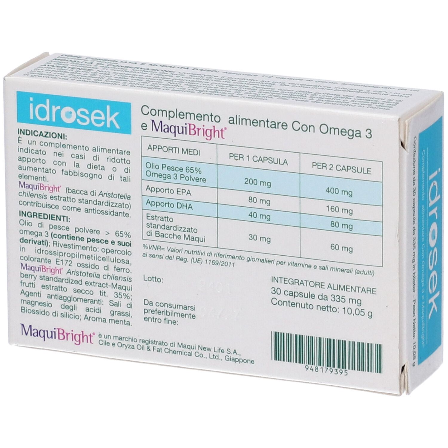 Retro della scatola "idrosek". Contiene informazioni sugli ingredienti e valori nutrizionali. Testo in italiano.