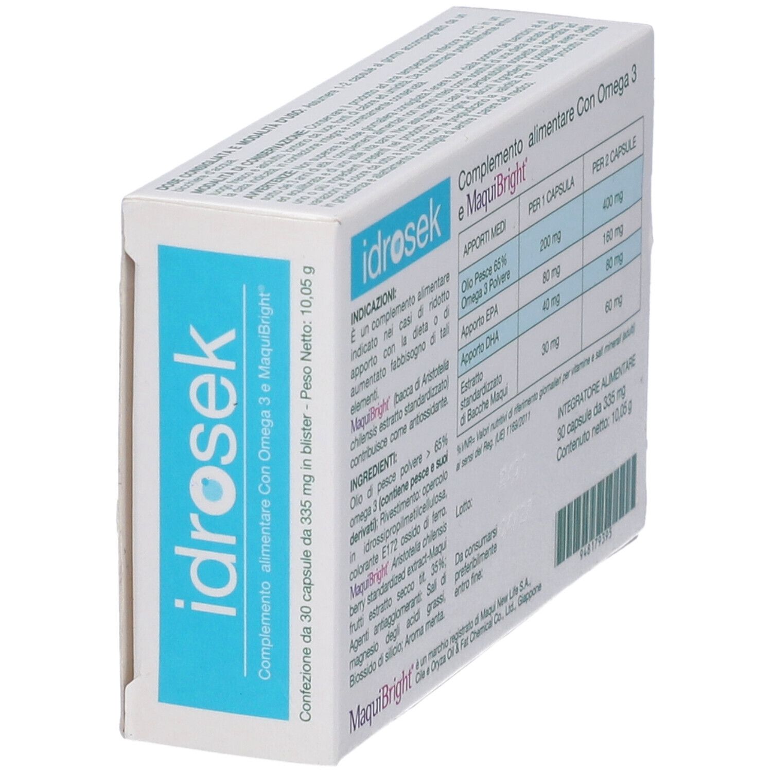 Scatola "idrosek" in prospettiva. Retro con informazioni ingredienti e valori nutrizionali. Testo italiano.