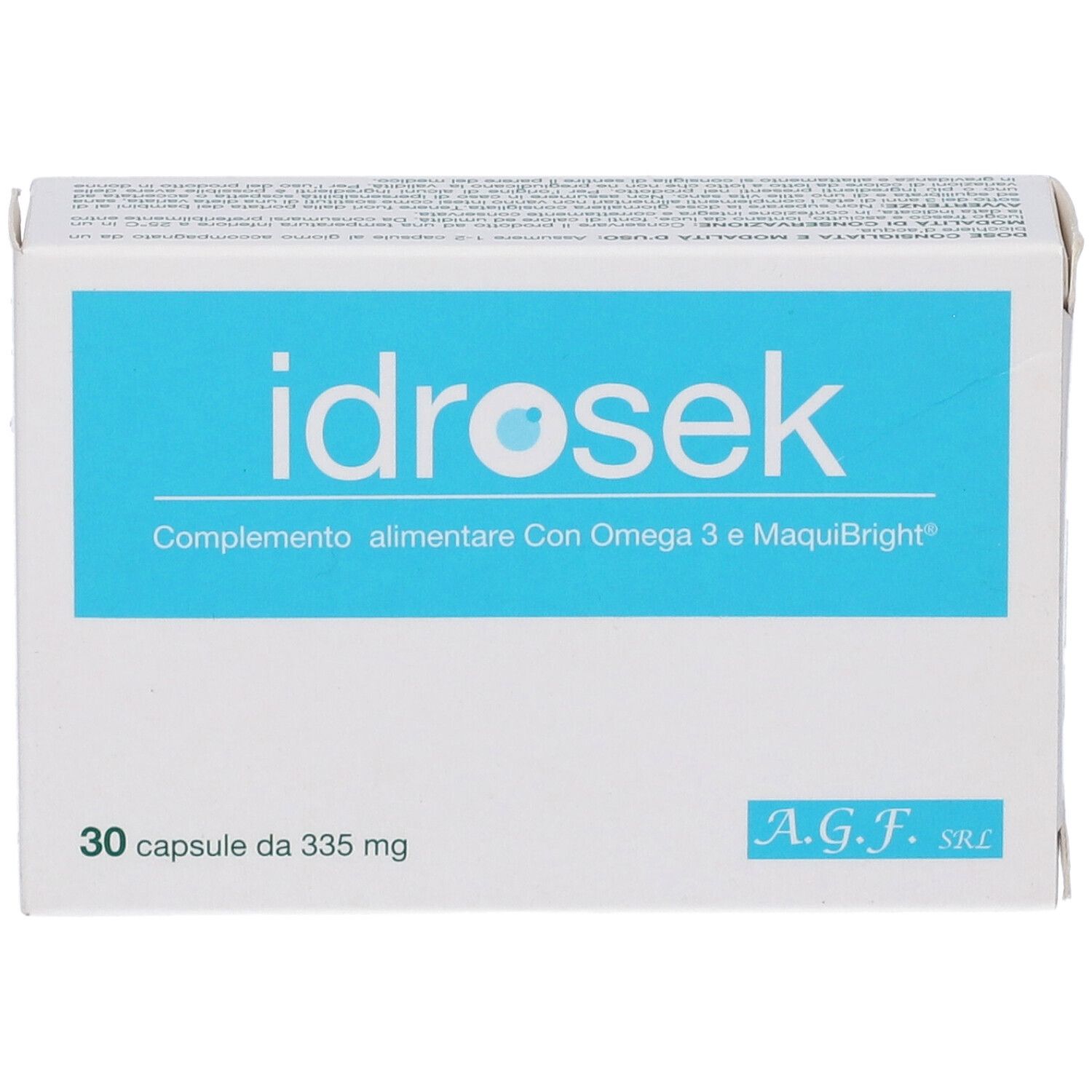 Scatola bianca con scritta "idrosek" su sfondo blu. Contiene 30 capsule. Logo A.G.F. SRL.