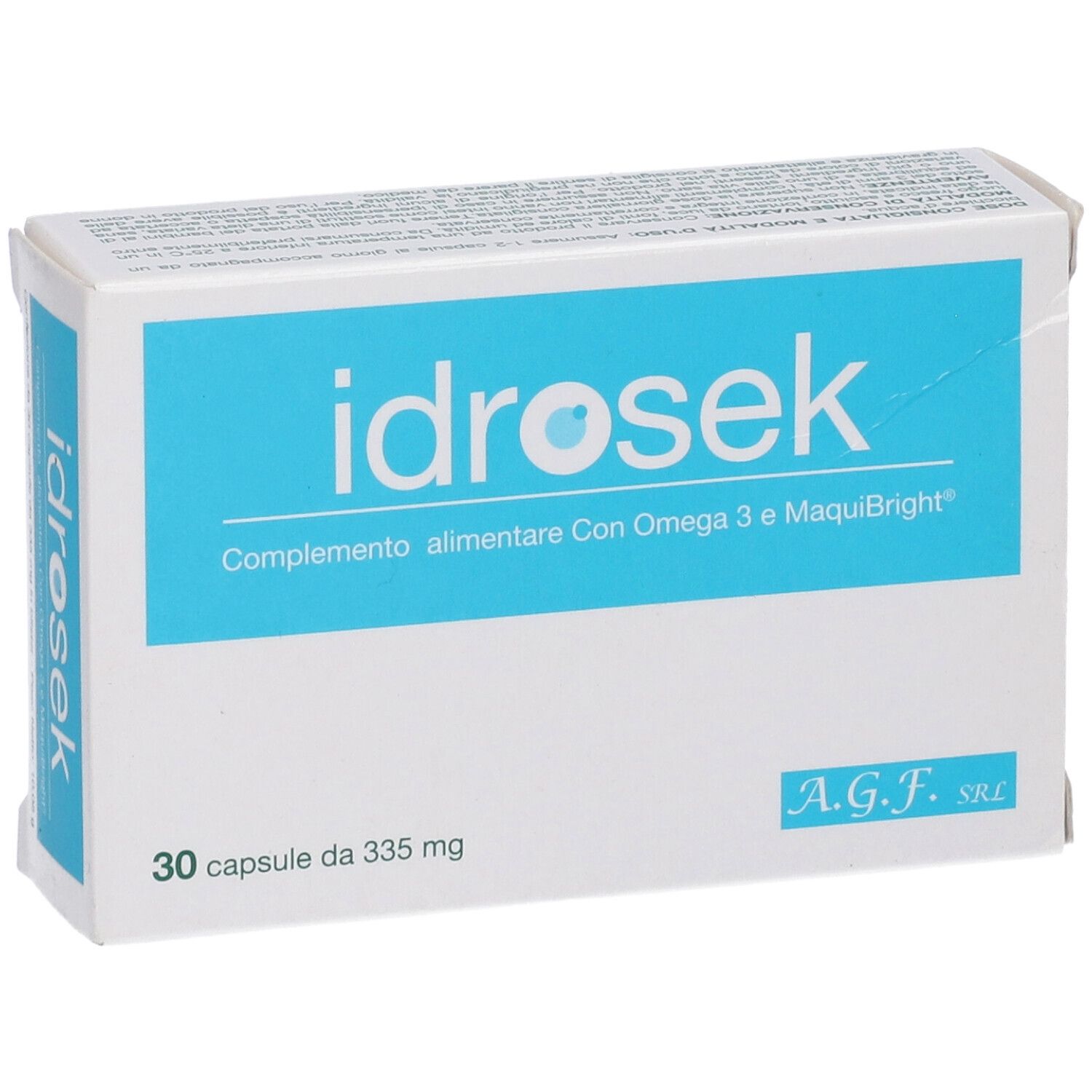 Scatola bianca con scritta "idrosek" su sfondo blu. Contiene 30 capsule. Logo A.G.F. SRL.