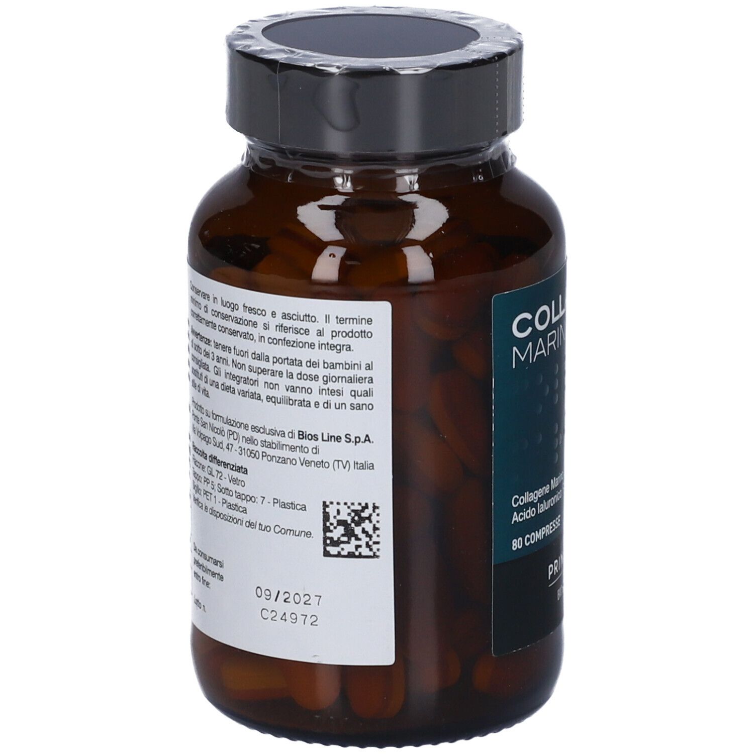 Retro del flacone di vetro marrone. Testo con informazioni e data di scadenza 09/2027. Codice QR e numero di lotto.