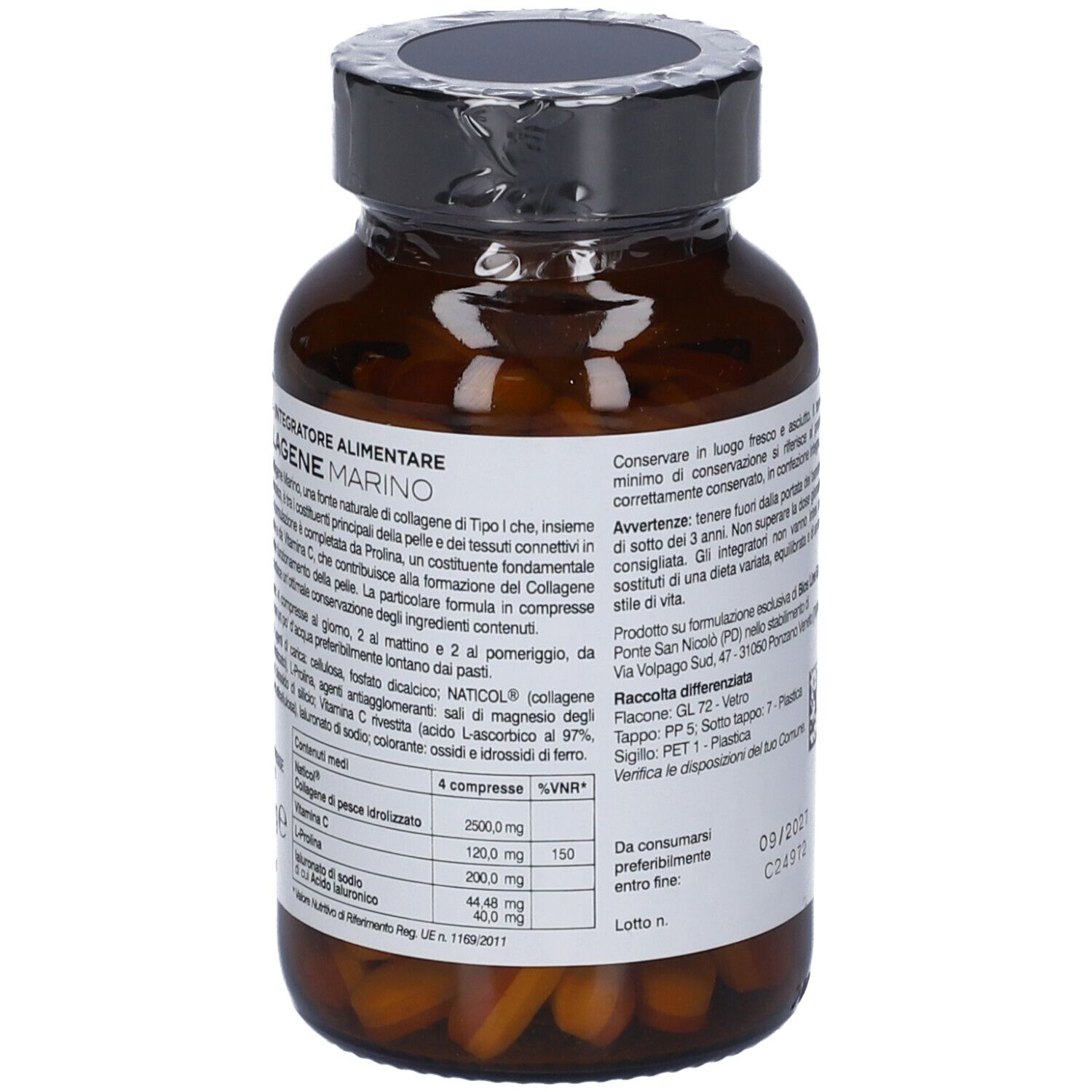 Flacone di vetro marrone con informazioni nutrizionali. Contiene 80 compresse. Elenco degli ingredienti e valori nutrizionali.