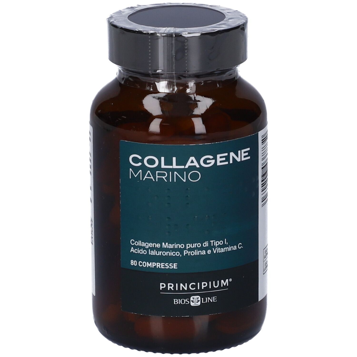 Flacone di vetro marrone con tappo nero. Scritta: COLLAGENE MARINO. Contiene 80 compresse. Marchio: Principium Bios Line.